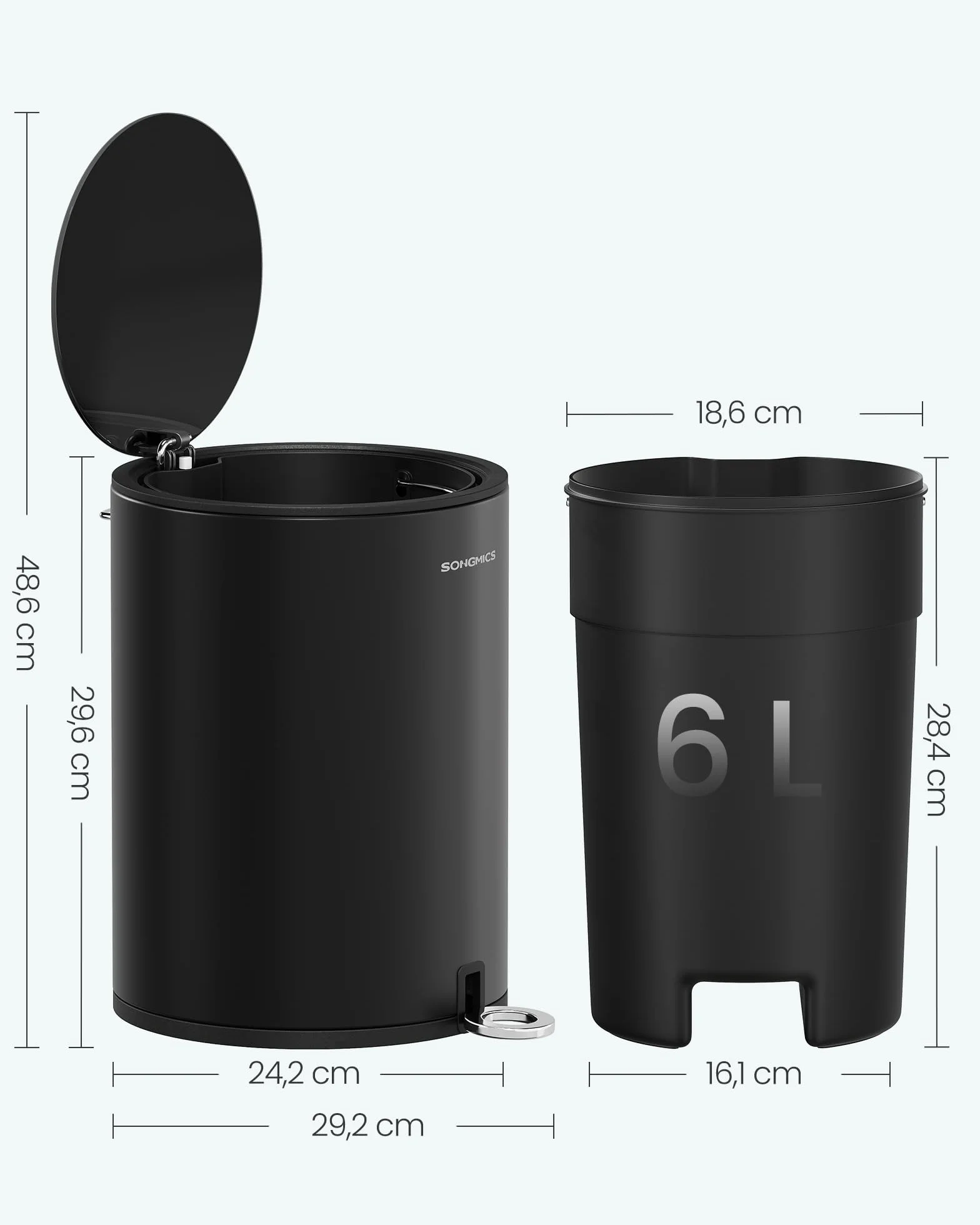 SONGMICS LTB012BZ01 Kosz łazienkowy z pokrywką, kosz na kosmetyki, 6 l, mały kosz na śmieci, miękkie zamykanie, wyjmowane plastikowe wiadro wewnętrzne, do sypialni, biura, stal, czarny atrament