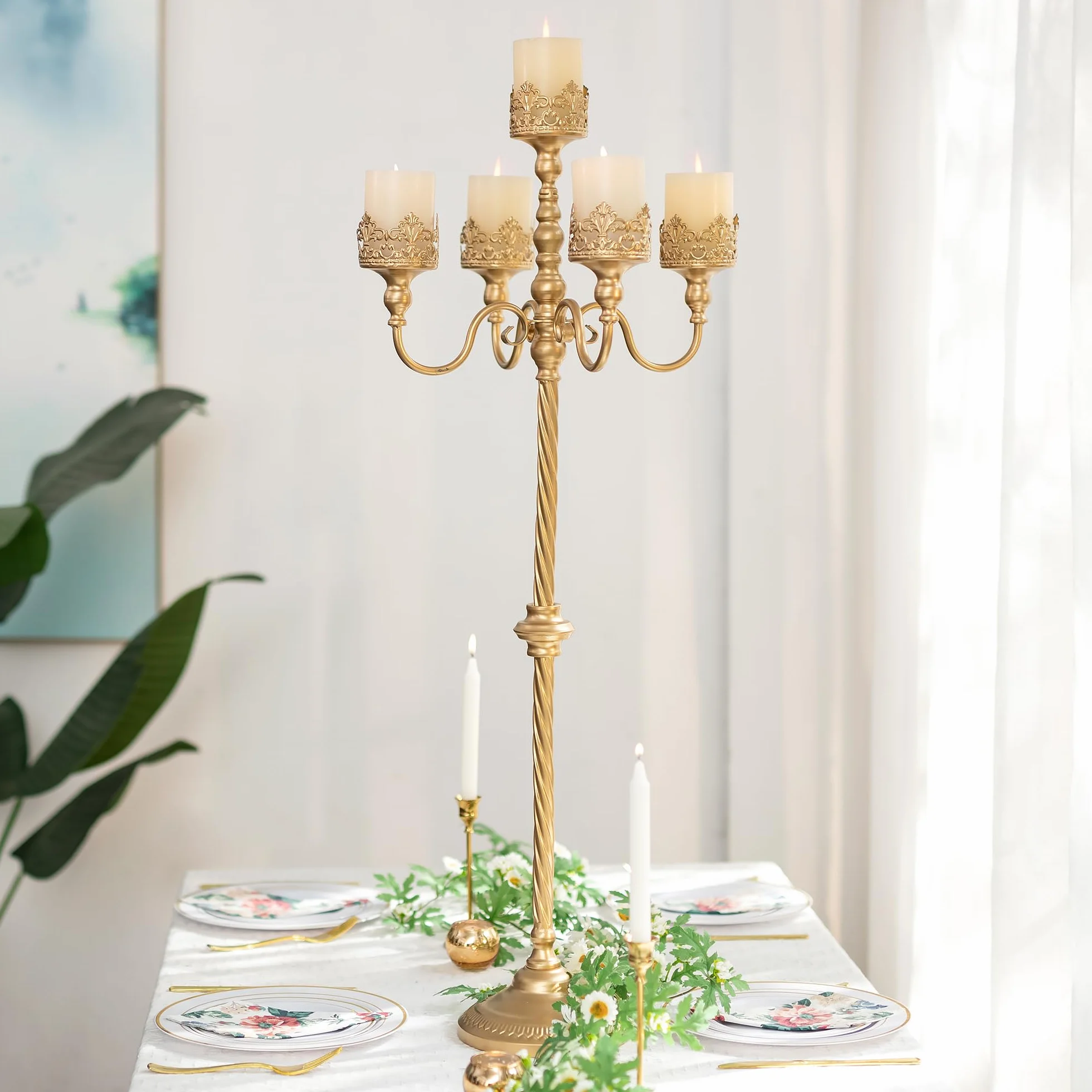 Sziqiqi Candelabra 102 cm 5-ramienny złoty metalowy świecznik do dekoracji ślubnych – stojaki na świece podłogowe na świece filarowe, antyczne elementy centralne, stojak na kwiaty na wydarzenia,