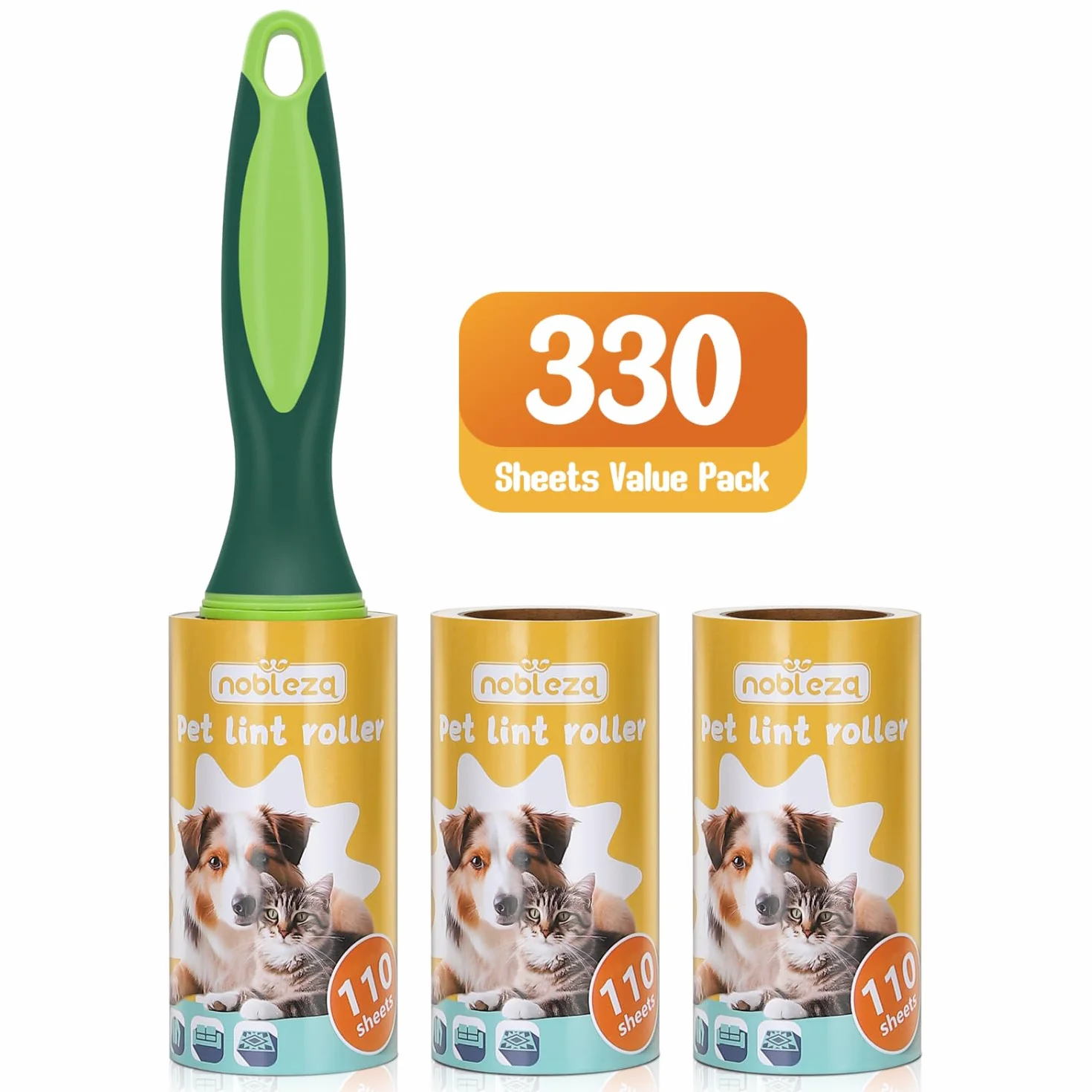 Nobleza Pet Hair Remover, Pet Lint Roller, 330 wymiennych ostrzy do usuwania kłaczków dla zwierząt domowych i 1 uchwyt, usuwanie kłaczków dla psów i kotów, zestaw 3, wyjątkowo lepki