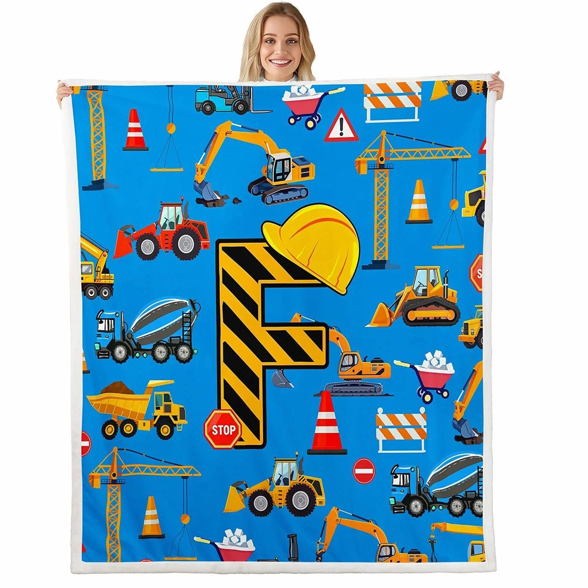 Loussiesd Pojazdy budowlane koc polarowy koparka litera F Sherpa koc dla dzieci kobiet mężczyzn pluszowy puszysty kreskówka samochód traktor królowa 228 x 229 cm na łóżko kanapę krzesło salon