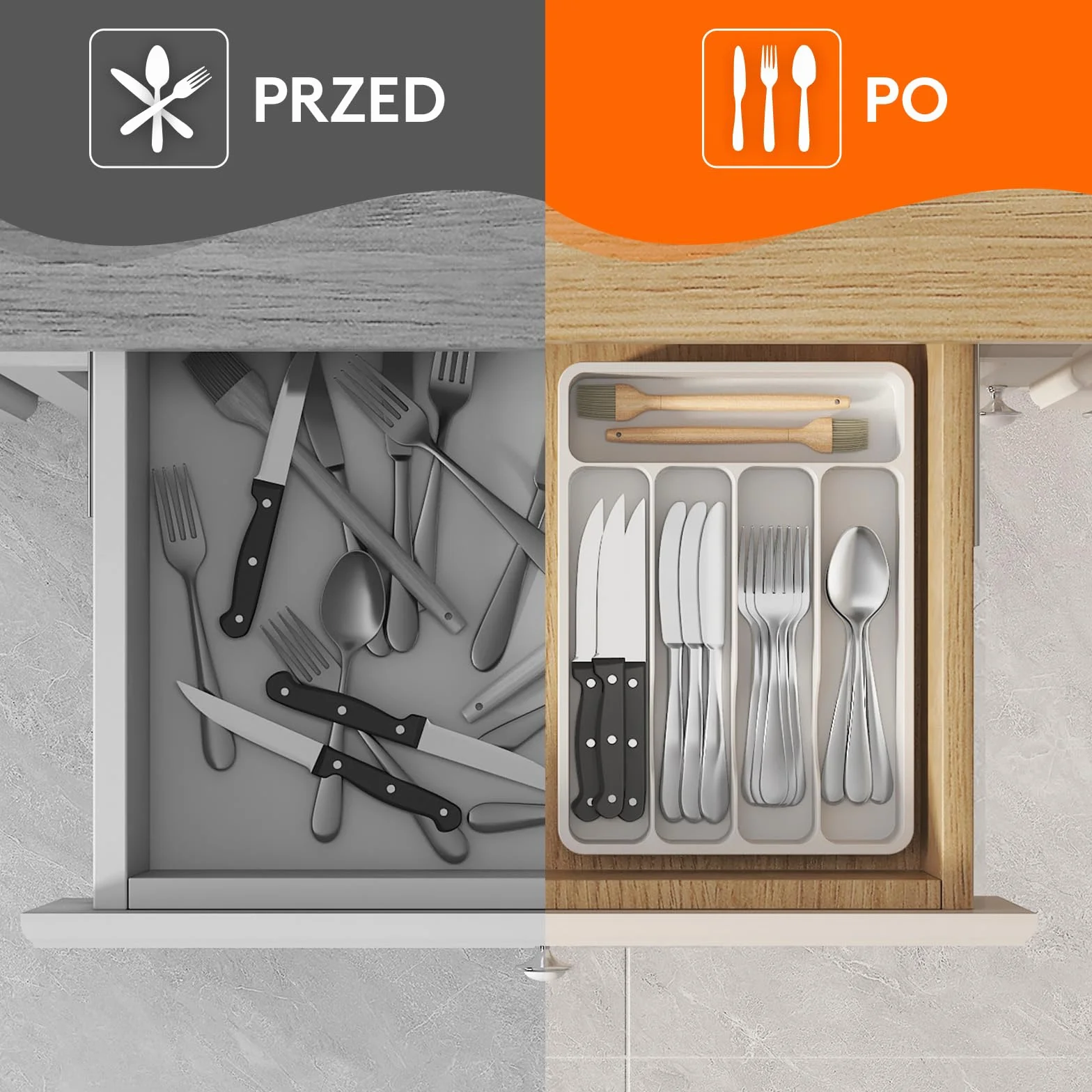 Organizer do szuflady na sztućce Lifewit, Plastikowa taca na sztućce do szuflady kuchennej, Uchwyt, Przegródka na Łyżki, Widelce, Noże, Zastawa stołowa, 5 przegródek, Biały