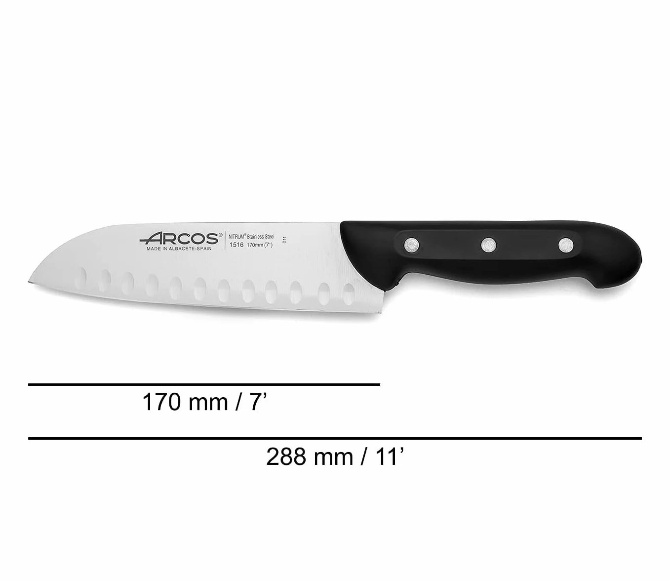ARCOS Noże Santoku i Nitrum ze stali. Japoński nóż kuchenny do ryb, mięsa i warzyw. Ergonomiczna rękojeść z POM i ostrze o długości 170 mm. Wielofunkcyjny. Seria Maitre. Kolor czarny.