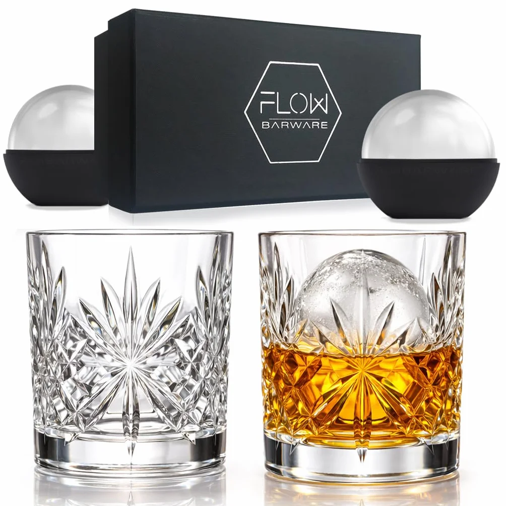 FLOW Barware Zestaw 2 szklanek do whisky, kryształowe kieliszki do whisky, prezent dla mężczyzn, idealny do Szkocji, Bourbon Gin & Tonic, Negroni, Rum