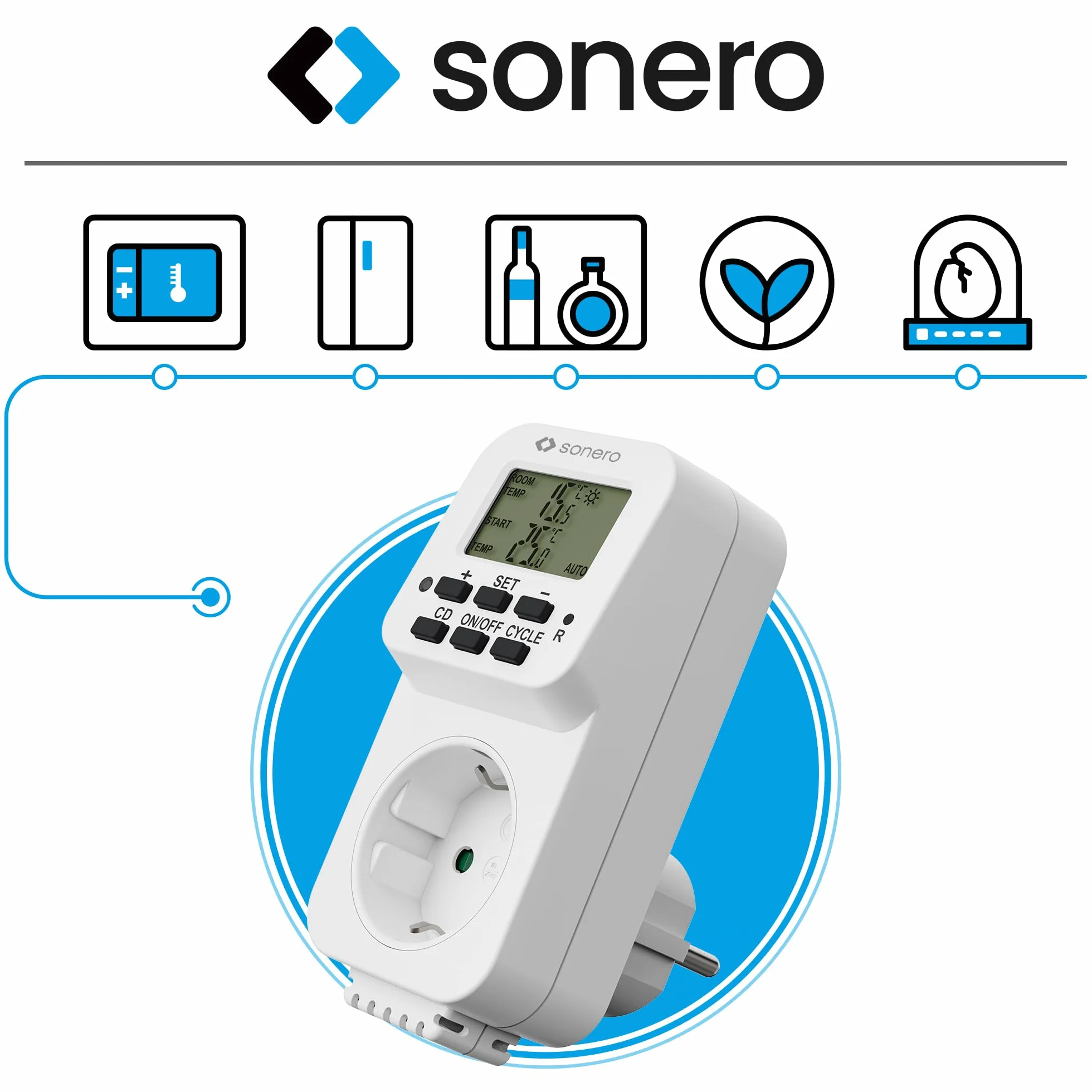 Sonero Cyfrowy termostat gniazdko, regulator temperatury, ogrzewanie, chłodzenie, sterowany czasowo z wewnętrznym czujnikiem, do terrarium, szklarni, pieca wędzarniczego, jako czujnik mrozu, 3600 W,
