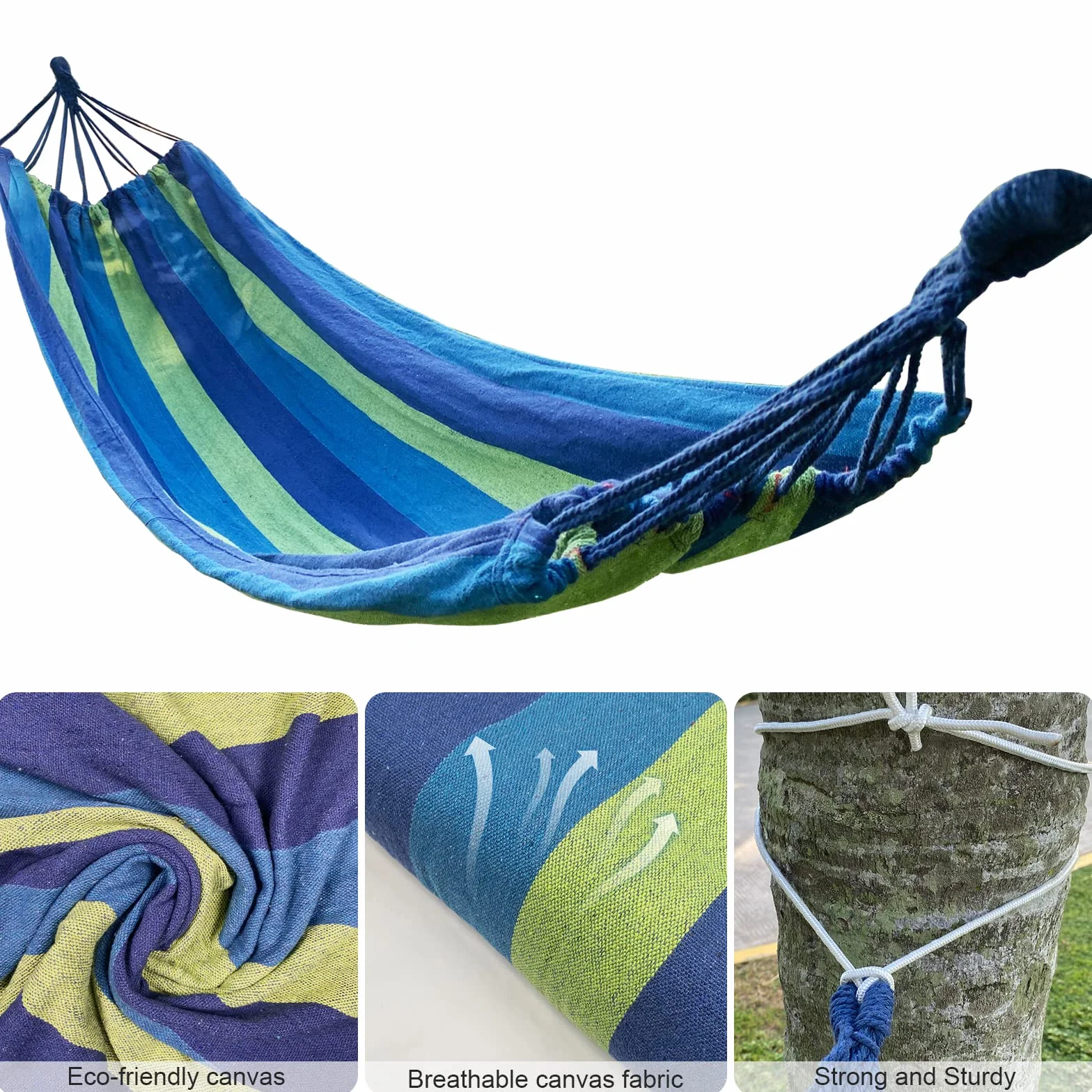 Firschoie Hamak z płótna 280 x 100 cm, długość całkowita 280 cm, obciążenie 300 kg, wygodny podróżny hamak zewnętrzny w niebiesko-zielone paski, na zewnątrz, kemping, balkon, do ogrodu, na plażę