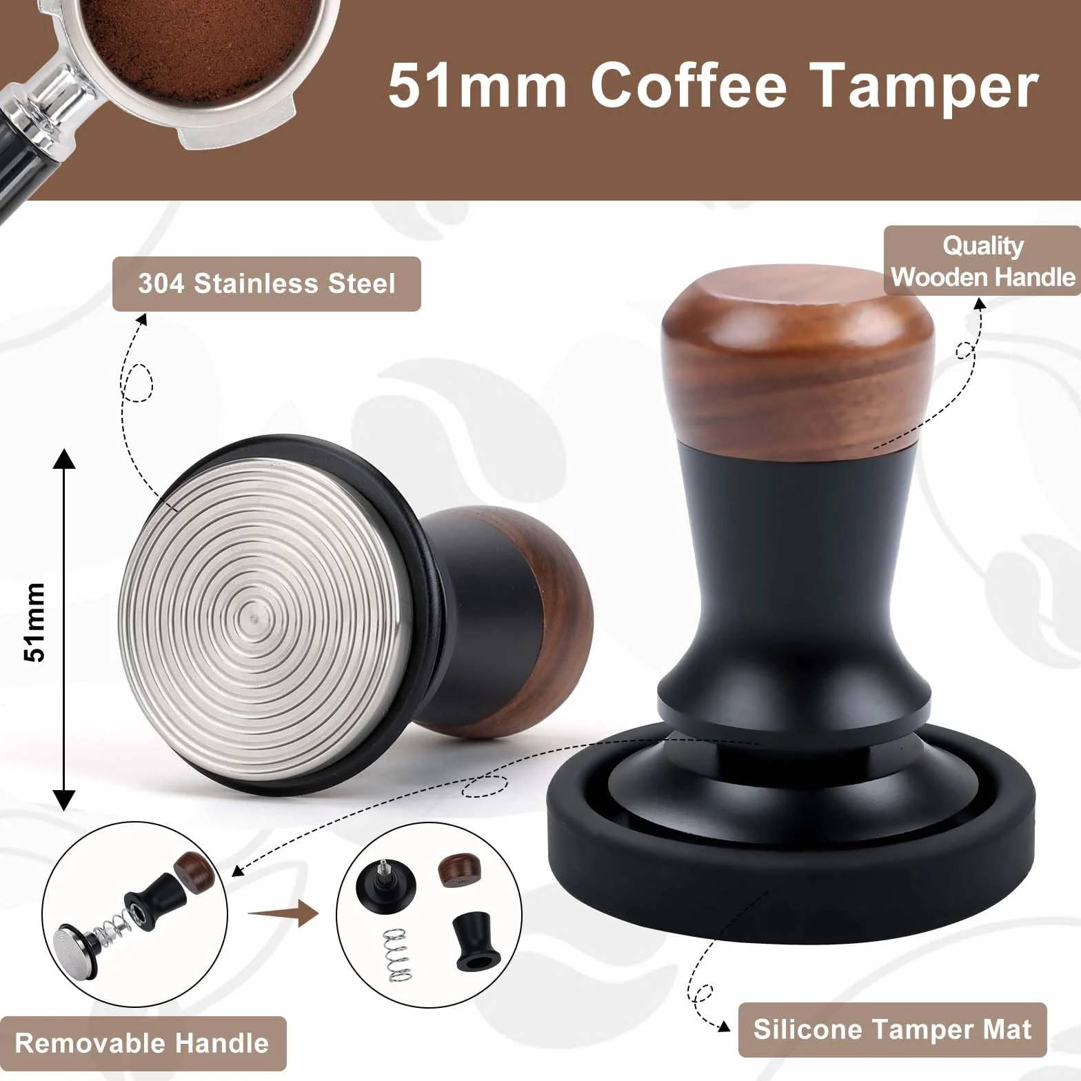 Zestaw Espresso 51 mm 3 w 1, tamper 51 mm z drewnianym uchwytem | Kompletny zestaw: Tamper 51mm, WDT, silikonowa mata do domowej kawy