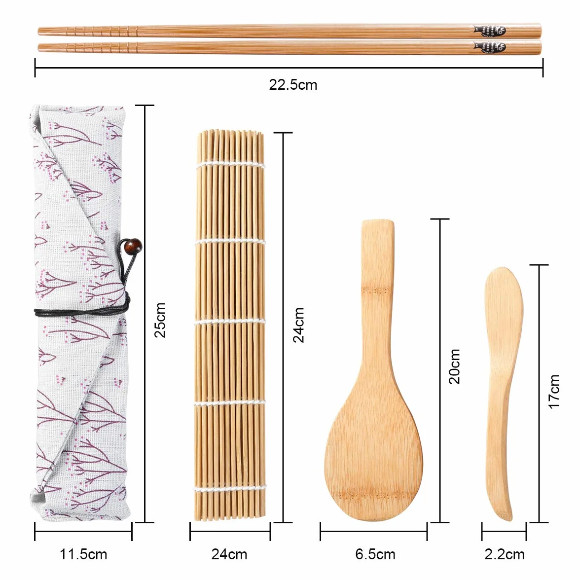 Kompletny Zestaw do Sushi - 10 Bambusowych Elementów, 2 Maty, Łyżka do Ryżu, Nóż, 5 Par Pałeczek, Woreczek z Tkaniny - DIY