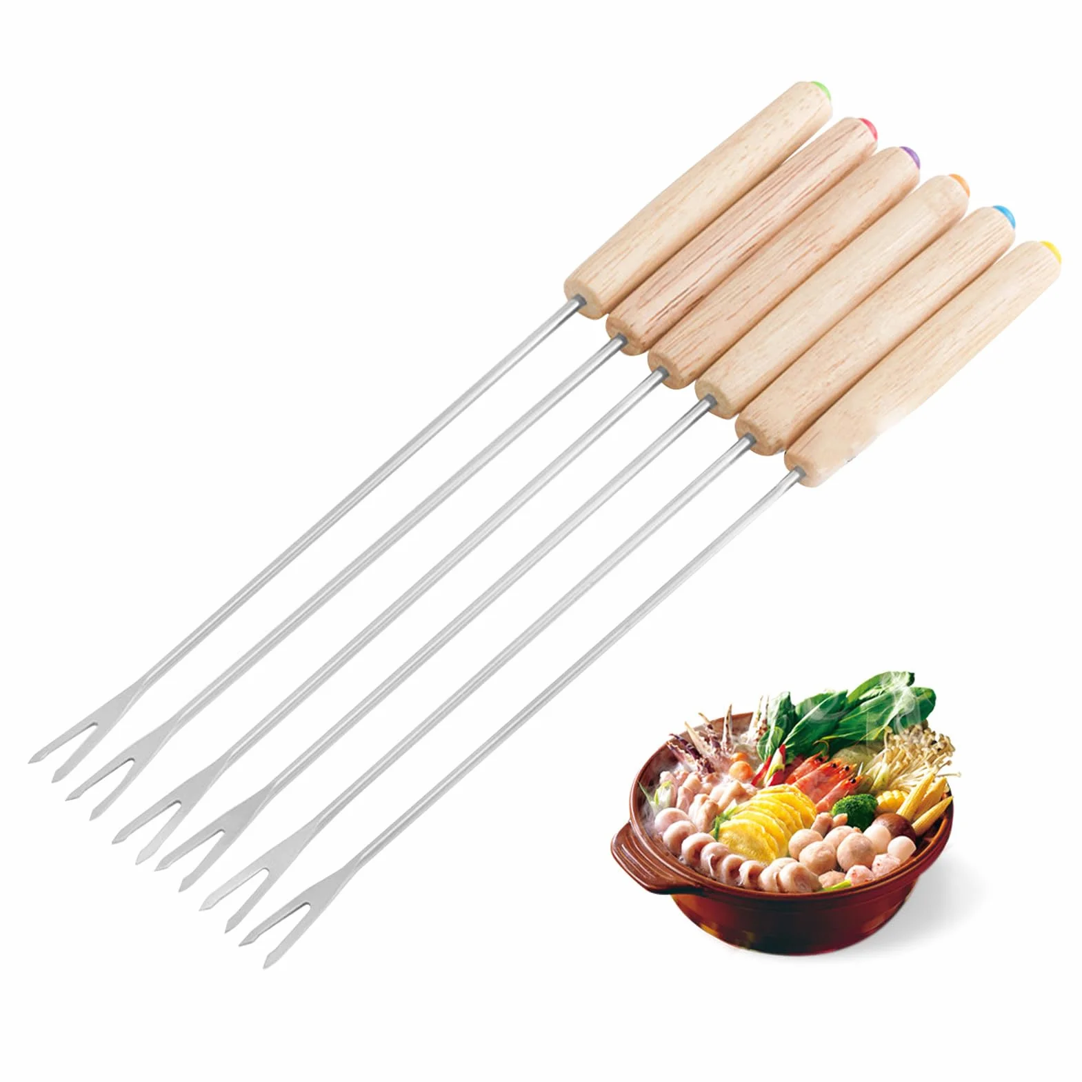 Widelce do Fondue ze Stali Nierdzewnej, Opakowanie 6 szt., Szaszłyki do Fondue Wielokrotnego Użytku, Drewniana Rączka, Idealne do Fondue Czekoladowo-serowego, Pikniki, Kemping