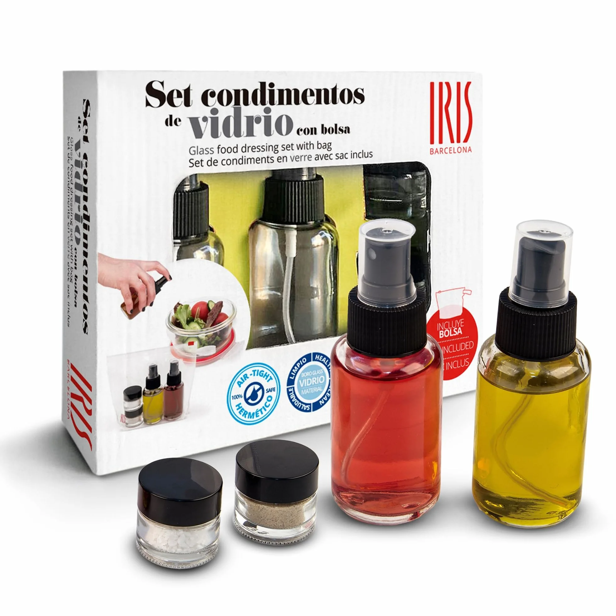 IRIS BARCELONA - Zestaw do sałatek do sałatek, 2 mini szklane butelki z dyfuzorem 50 ml i 2 szklane słoiki z pokrywką 10 ml