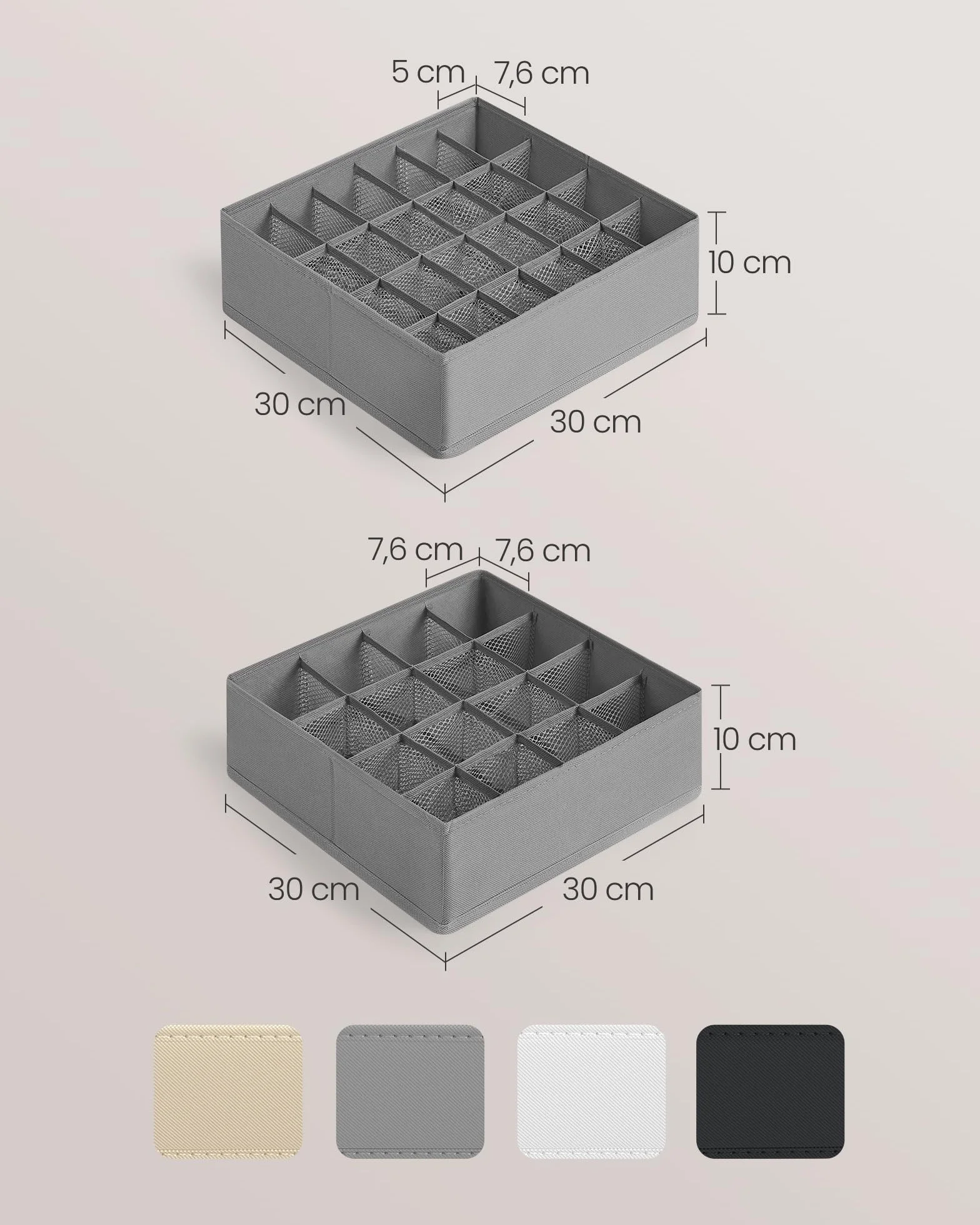 SONGMICS Zestaw organizerów na bieliznę 4, 80 przegródek (2x16 + 2x24), składany organizer do szuflad, system organizacji garderoby, pudełka do przechowywania, skarpetki, gołębi szary RUS011G01