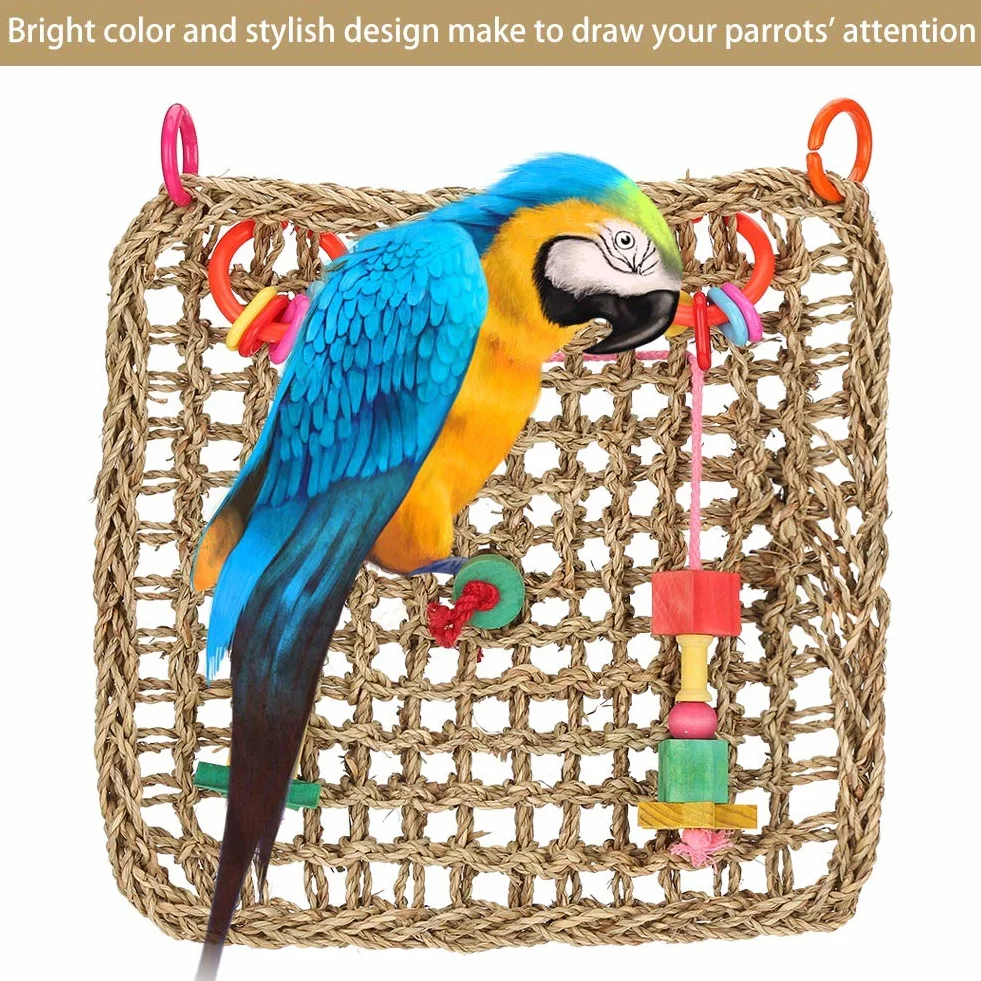 Seagrass Parrot Chew Toy | Hanging Net Mat for Bird Exercise & Entertainment | Secure Bird ToyCage Accessory | 12.6x12.6 Inches with 2 Hooks