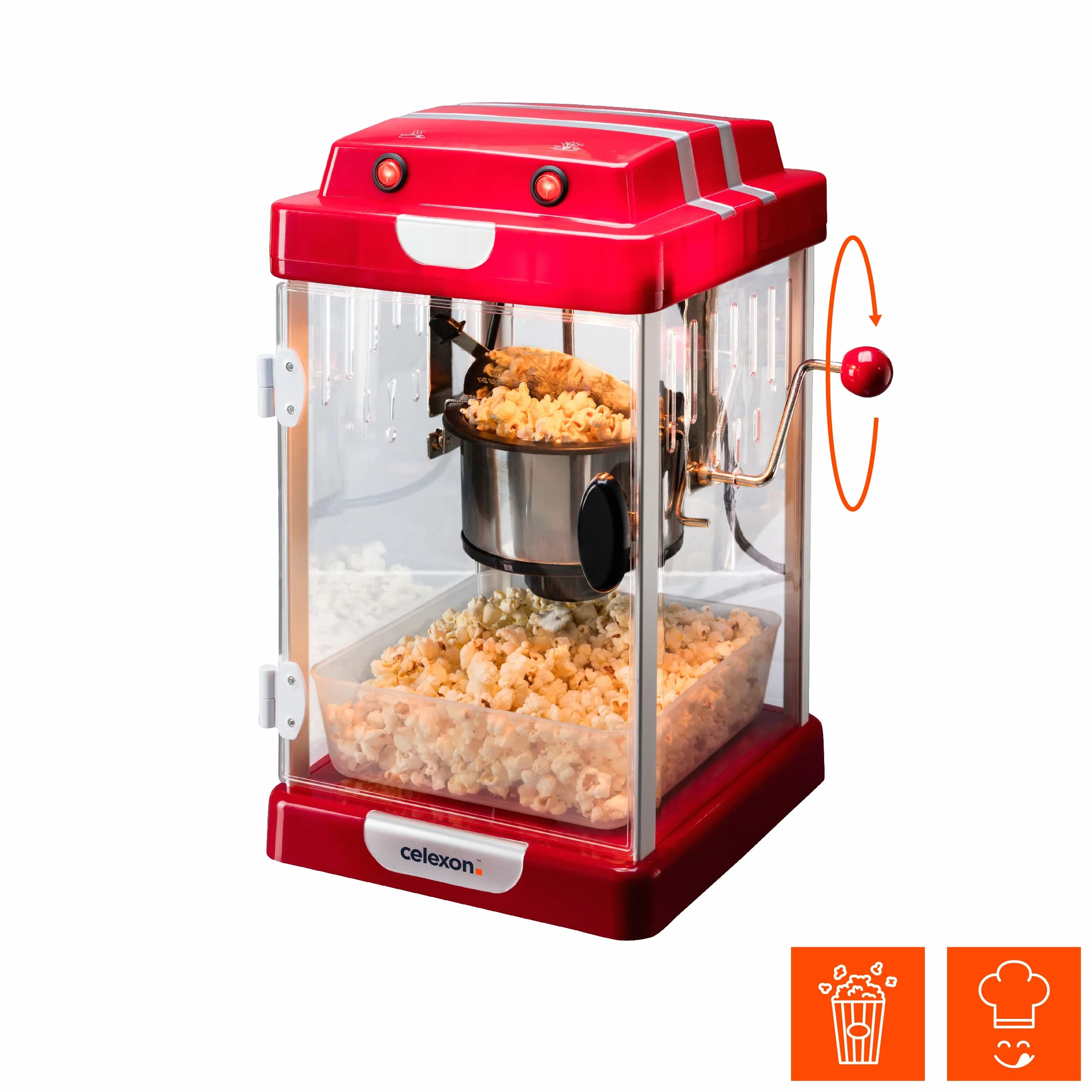 celexon CinePop CP1000 maszyna do popcornu – 24,5 x 28 x 43 cm – czerwony retro/kinowy design – czajnik ze stali nierdzewnej – urządzenie do robienia popcornu z wbudowanym mieszadłem