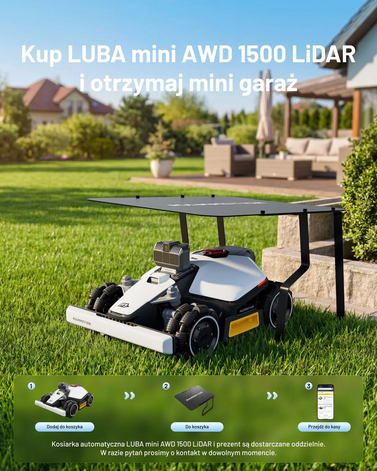 MAMMOTION LUBA mini AWD LiDAR – Bezprzewodowa kosiarka robotyczna z LiDAR 3D+Vision, bez anteny RTK, automatyczna mapowanie, zalecane do 1 500 m², moduł 4G, zdolność pokonywania spadków do 80 %