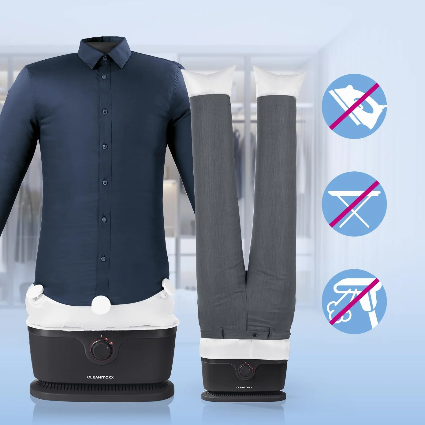 CLEANmaxx Automatyczna prasa do koszuli PRO z nakładką na spodnie, zastępuje żelazko, parownicę, parowar, urządzenie do prasowania z manekinem do prasowania koszulek, bluzek i spodni, innowacyjna i