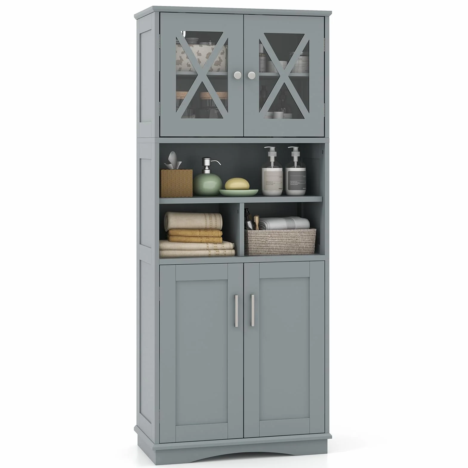COSTWAY Szafka łazienkowa, wysoka szafka łazienkowa z 3 regulowanymi półkami i 4 drzwiami, drewniana szafka do przechowywania, do łazienki, salonu i kuchni, 60 x 30 x 145 cm (szara)