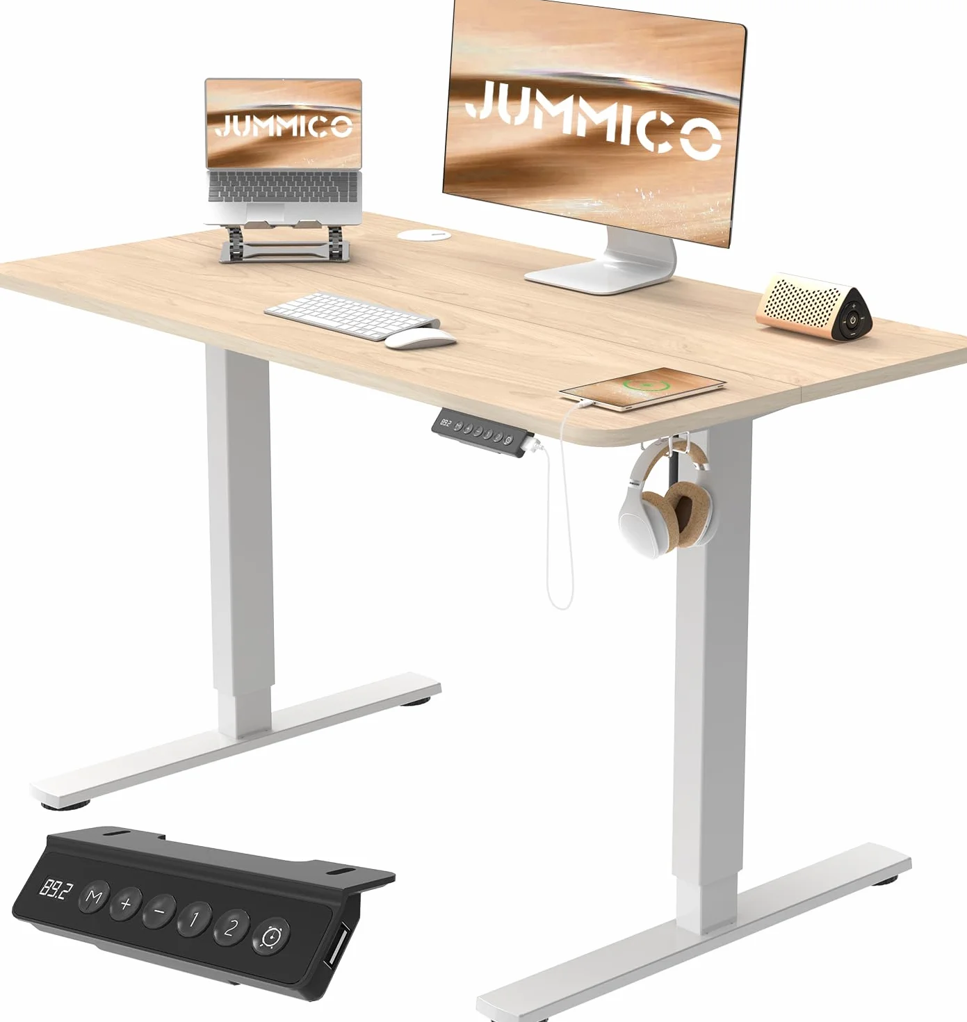 JUMMICO Biurko z elektryczną regulacją wysokości, ergonomiczne siedzisko z blatem, biurko komputerowe z regulacją wysokości, biurko z regulacją wysokości, 100 x 60 cm, beżowe