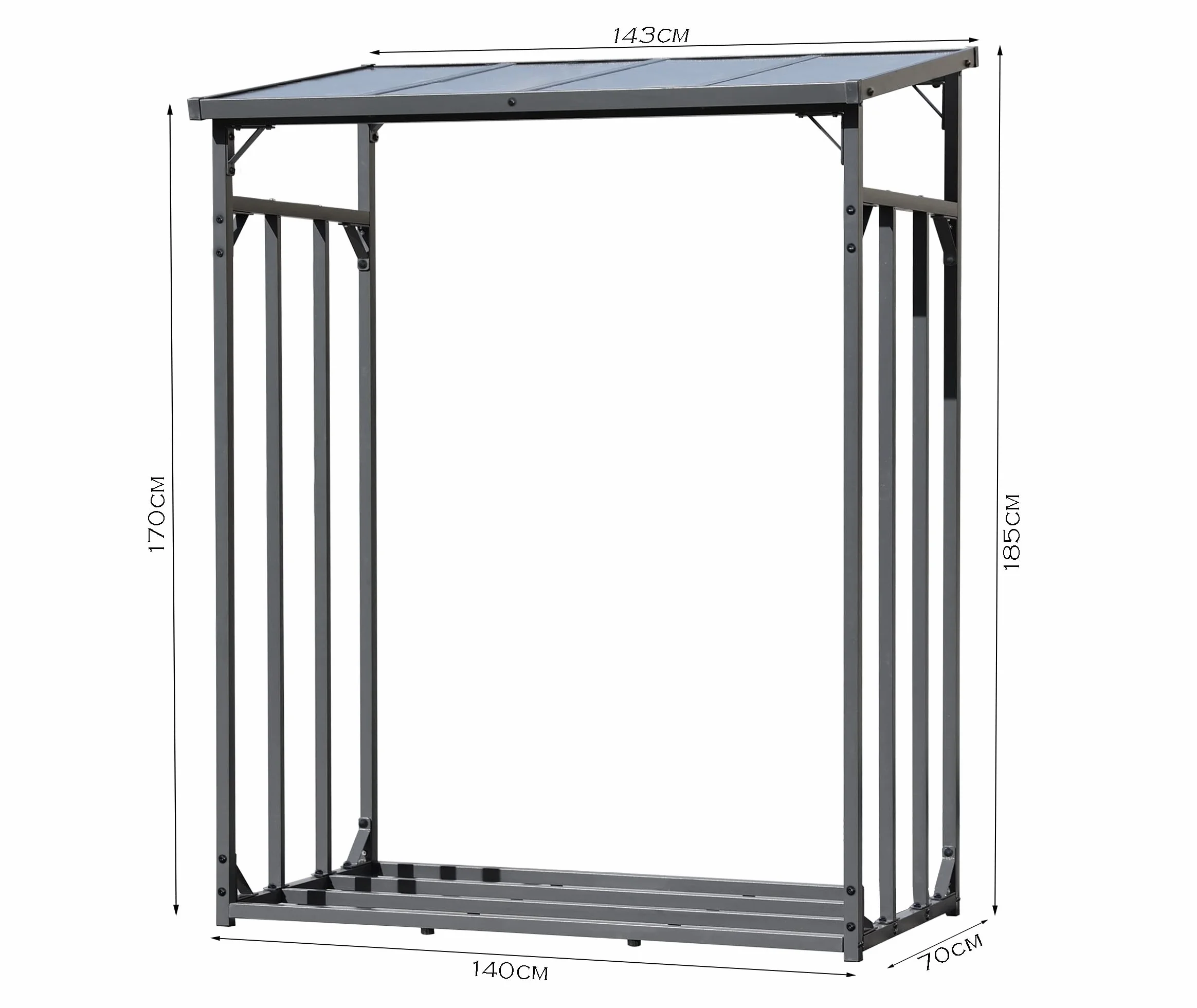 QUICK STAR Metalowy regał na drewno kominkowe antracyt 143 x 70 x 185 cm, stojak na drewno opałowe do ogrodu, 1,8 m³ / 2,5 SRM, magazyn drewna kominkowego, pomoc do układania drewna na zewnątrz.