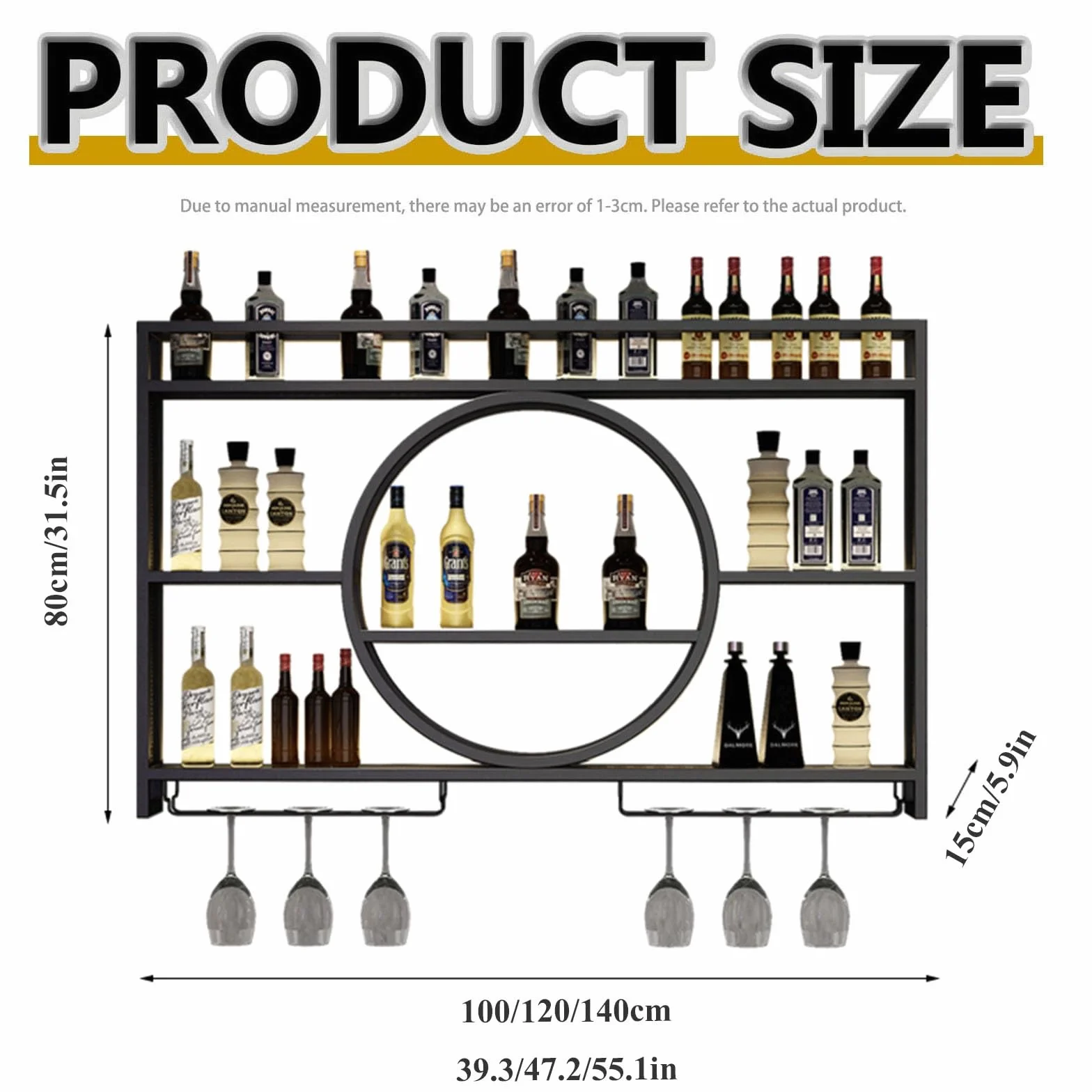 Upgrade Metal Wine Rack Wall Mounted Bar Shelves Wall Mounted With LED Light Iron Wine Shelf With Wine Glass Holder Wall Wine Racks,Bar Shelves For Liquor Bottles For Kitchen Living Room(Black,47.2in/