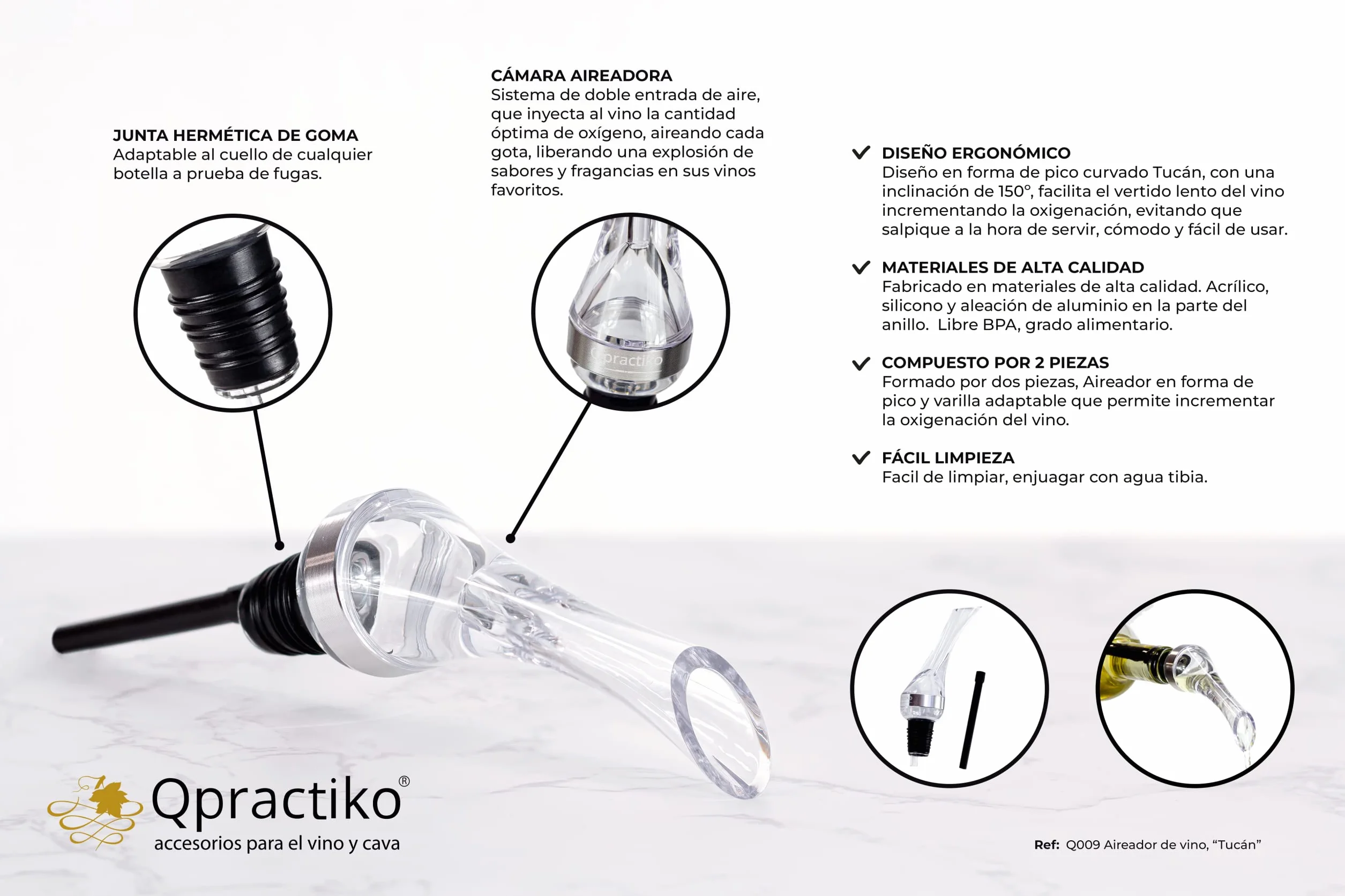 Tucan Aerator do wina, kryształowy, akryl, aluminium, 22,5 x 3,8 cm, lekki 35 g, spowalnia przepływ, łatwe czyszczenie, natlenianie