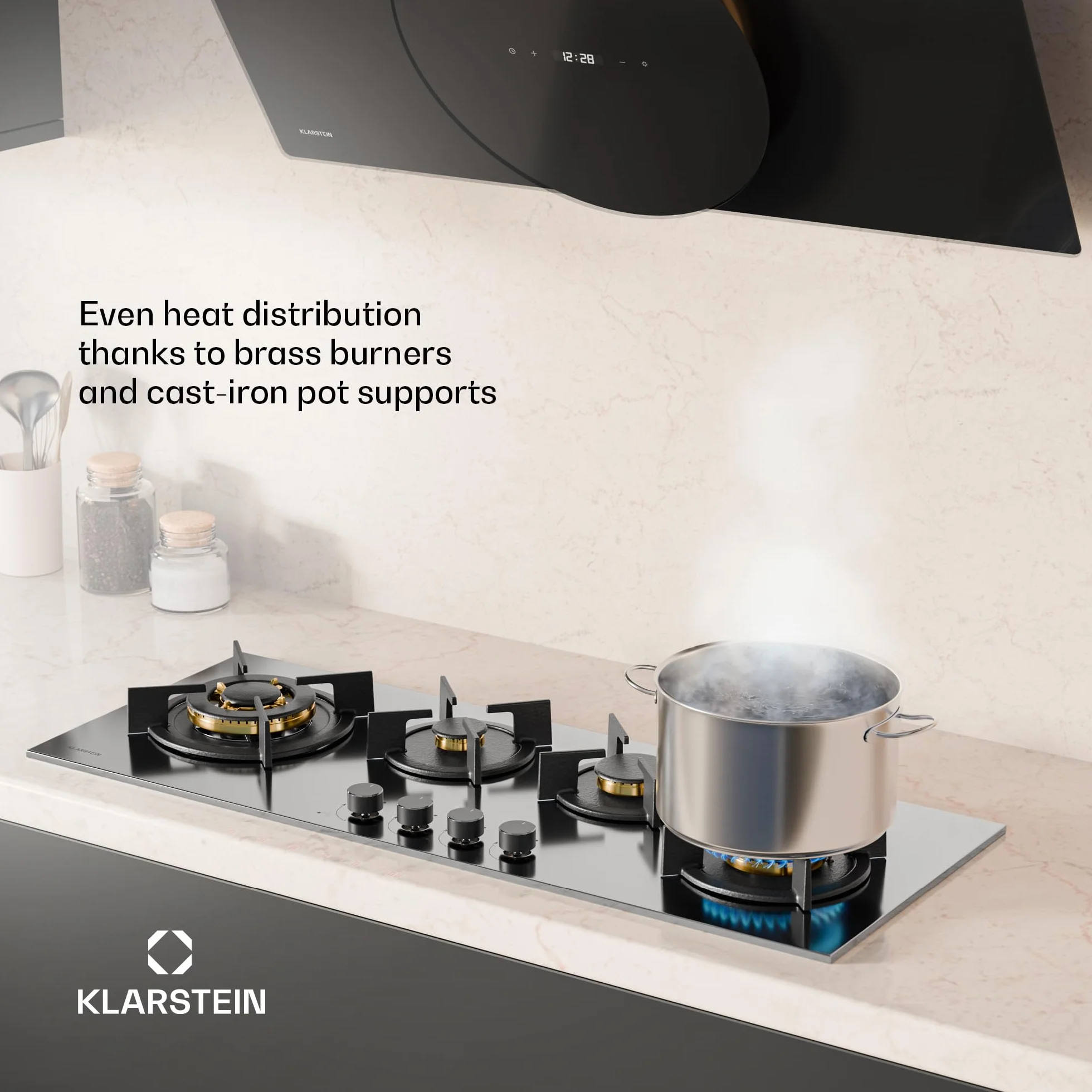 Klarstein Goldflame 4 Slim Płyta gazowa, 4 palniki mosiężne, 3,4kW, 2,4kW, 1,8kW, 1kW, Zapłon SnapJet, Zabezpieczenie przeciwwypływowe, Kuchenka z żeliwnymi krzyżakami, Stal, W zestawie wąż i reduktor