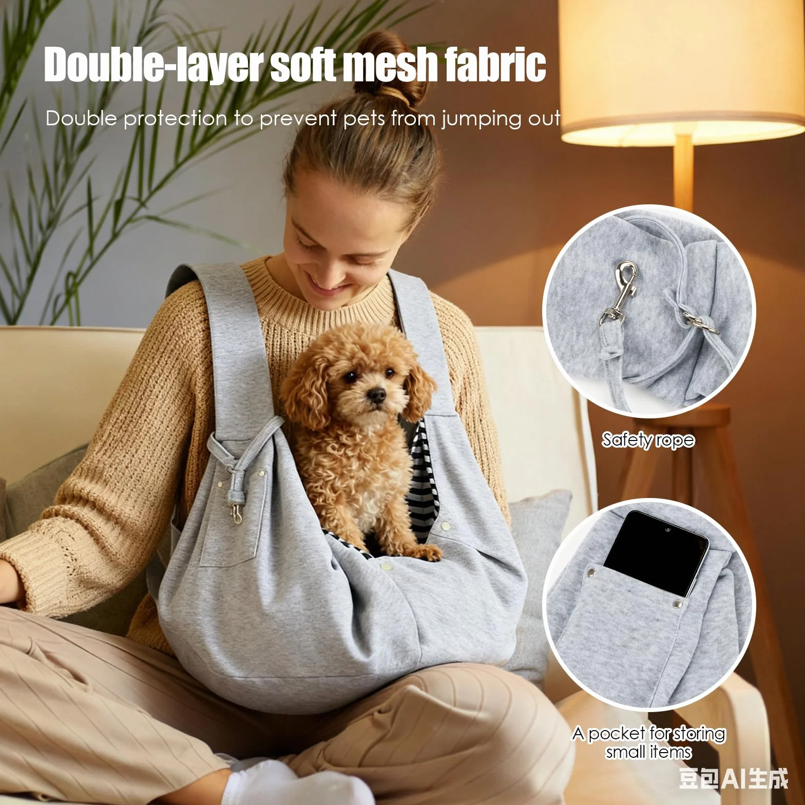 Odwracalna, mała torba do noszenia psa, do 7 kg, przyjemnie szara, torba na ramię, bezpieczna z karabińczykiem, pasek do noszenia, torba na ramię dla zwierząt domowych, spacerów, aktywności na