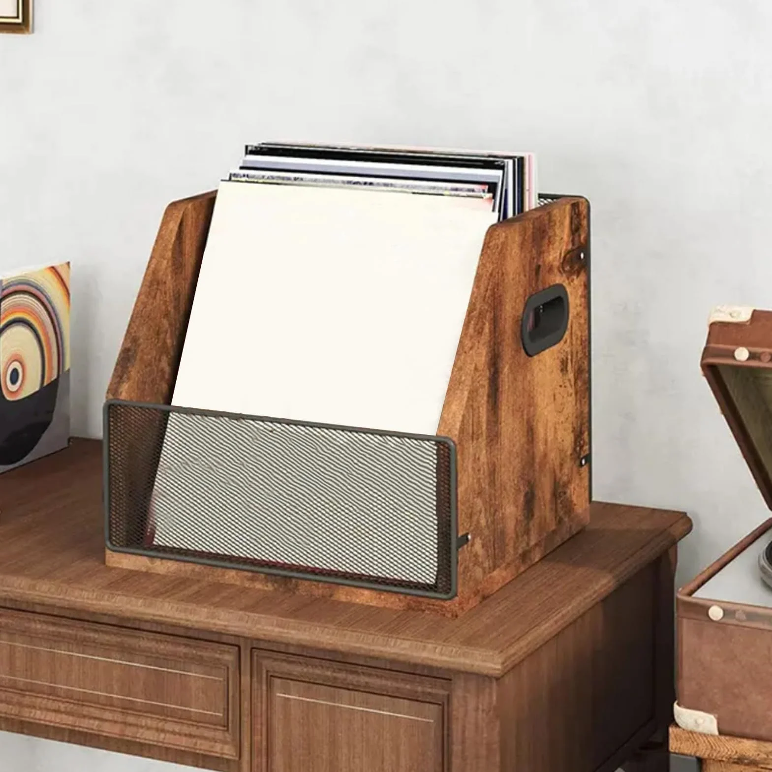 Pudełko na Płyty Drewniany Retro Organizer do Albumów | Organizer Na Płyty Biurkowy do Garażu Szafy Salonu Sypialni Pokoju Akademika Mieszkania Młodzieży Miłośników Muzyki
