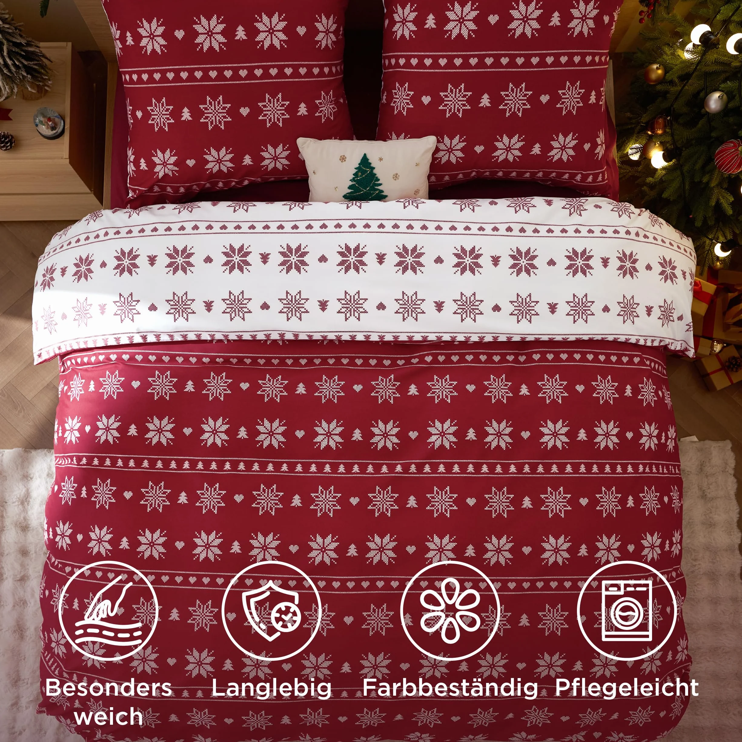 BEDSURE Pościel 135 x 200 cm, 4-częściowy zestaw pościeli bożonarodzeniowej, płatek śniegu, poszewka na kołdrę 135 x 200 cm, zestaw 2 szt., z 2 poszewkami na poduszkę 80 x 80 cm, świąteczna pościel