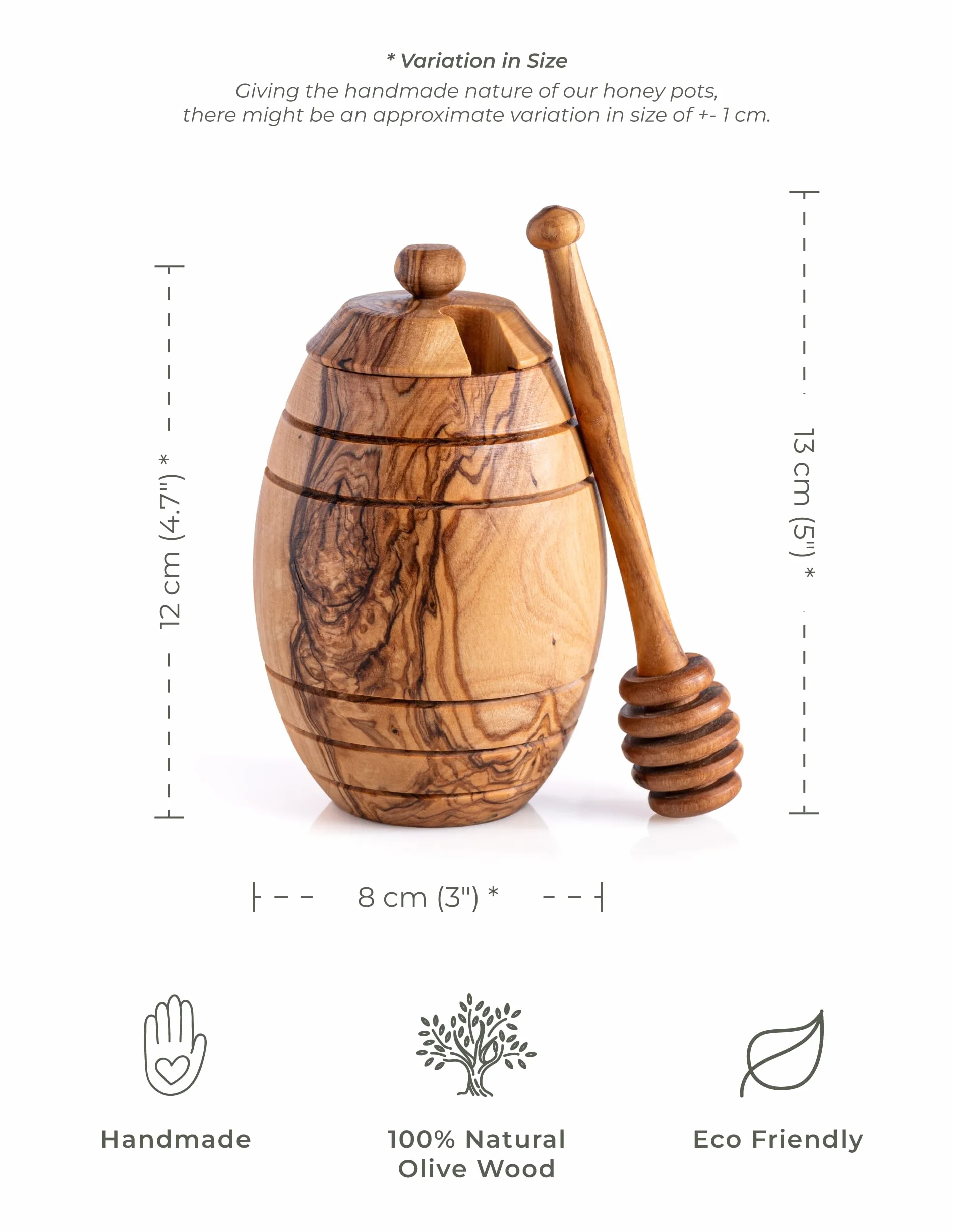 Garnek na miód z naturalnego drewna oliwkowego z łyżeczką – ręcznie wykonany – 12 x 8 cm – pojemnik na miód z drewna z pokrywką i łyżeczką do miodu – 12 x 8 cm, z łyżeczką do miodu, z drewna