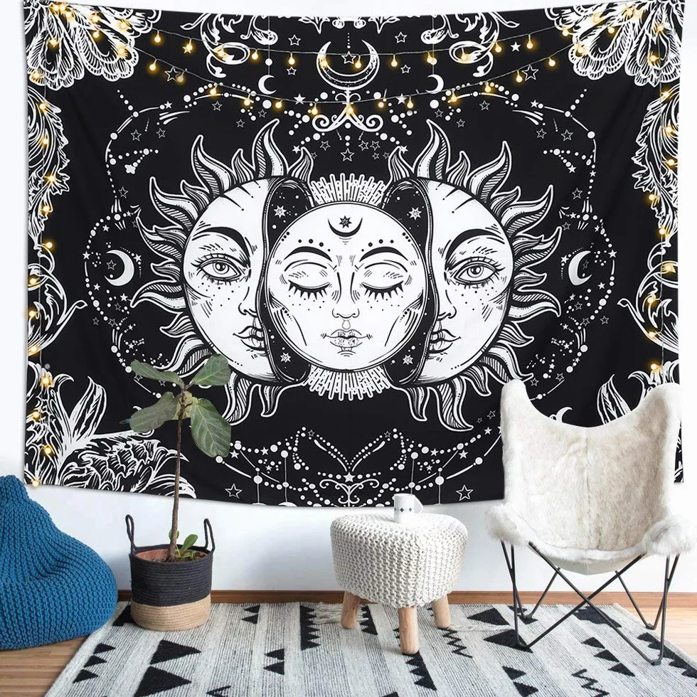 LOMOHOO Gobelin z motywem tarota, słońce i księżyc, psychodeliczny gobelin na ścianę, czarny, niebiański, indyjska mandala, bohema. hipisowska narzuta na plażę (słońce i księżyc, L: 148 x 200 cm)
