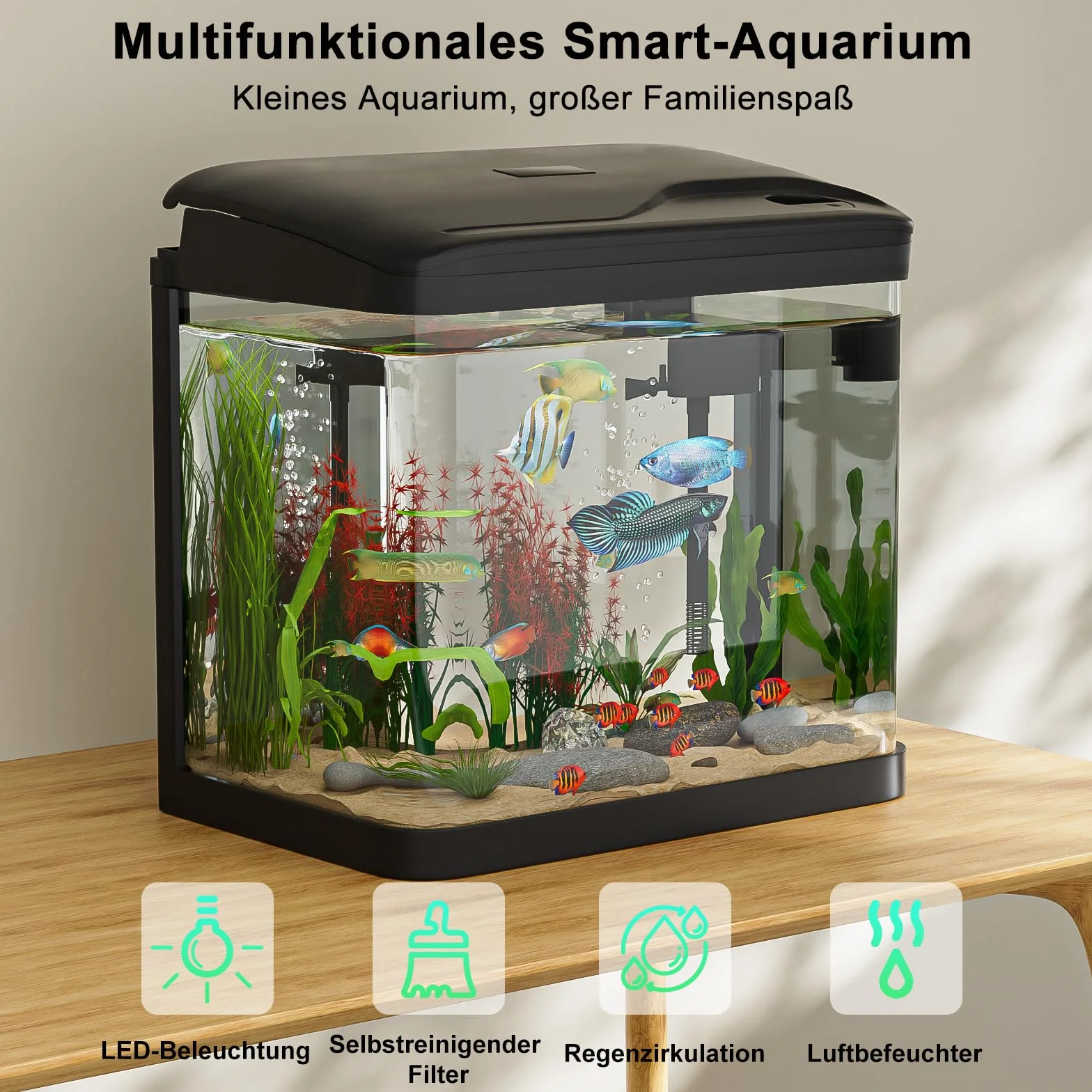 GuKKK Nano akwarium, kompletny zestaw, 15 l, stabilny basen dla początkujących z oświetleniem LED i wbudowanym systemem filtrowania, do ryb, basenów Aquarii, odporny na uderzenia, czarny