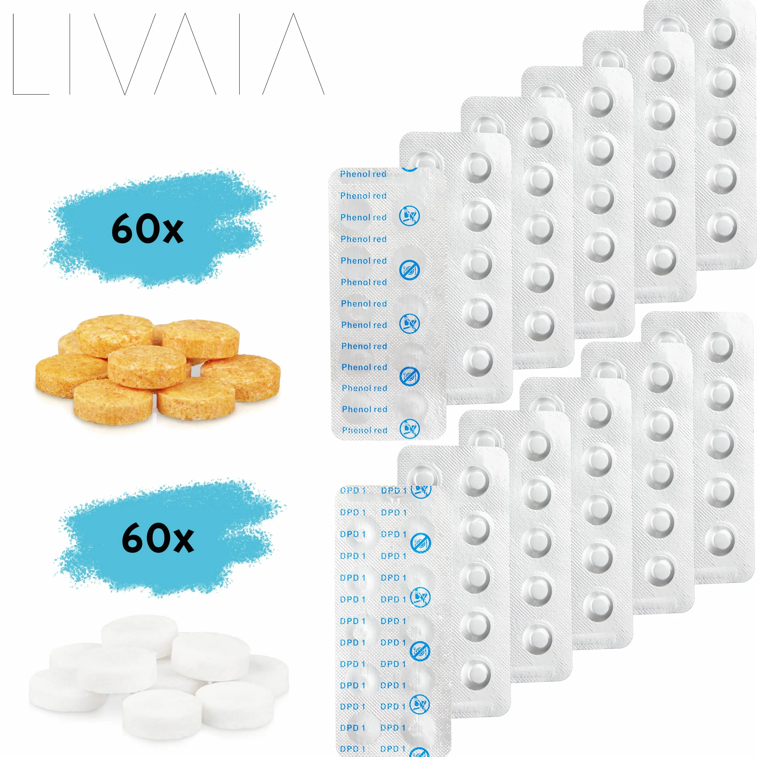 LIVAIA Tester chloru i pH: zestaw 60 tabletek testowych do basenów: 30 tabletek Phenol Red, 30 tabletek DPD1; wartość pH i zawartość wolnego chloru, tester pH