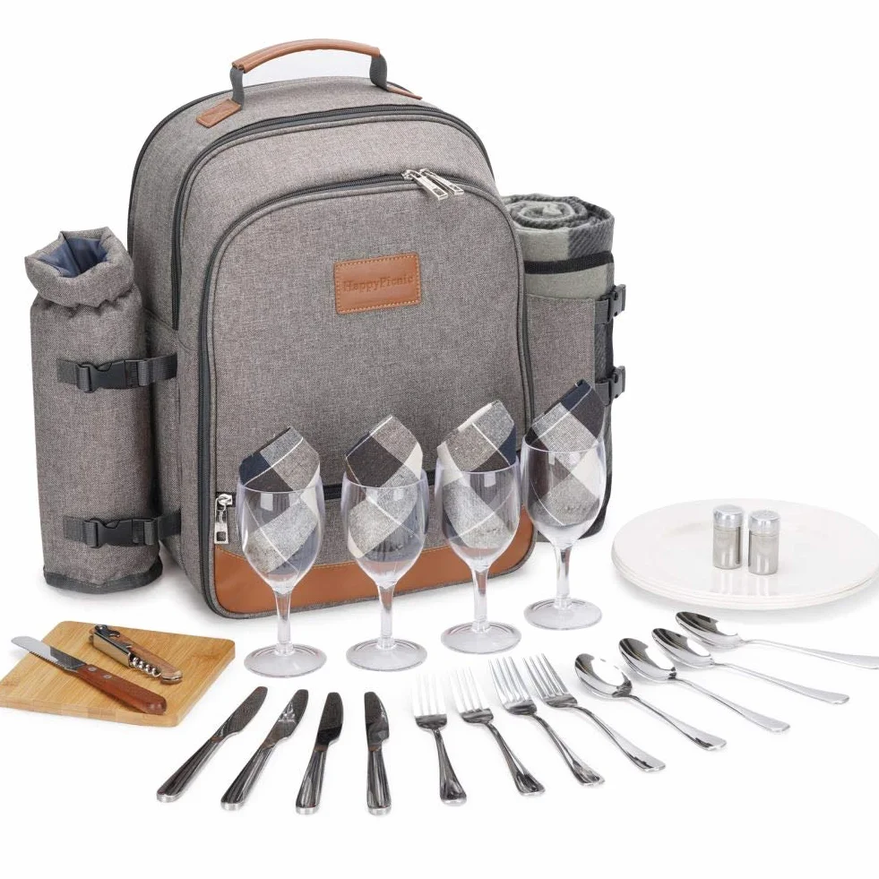 HappyPicnic Isolierter Picknickrucksack für 4 Personen mit komplettem Geschirr, geräumigem Kühlfach, Flaschenhaltern und großem wasserdichtem Picknick-Teppich