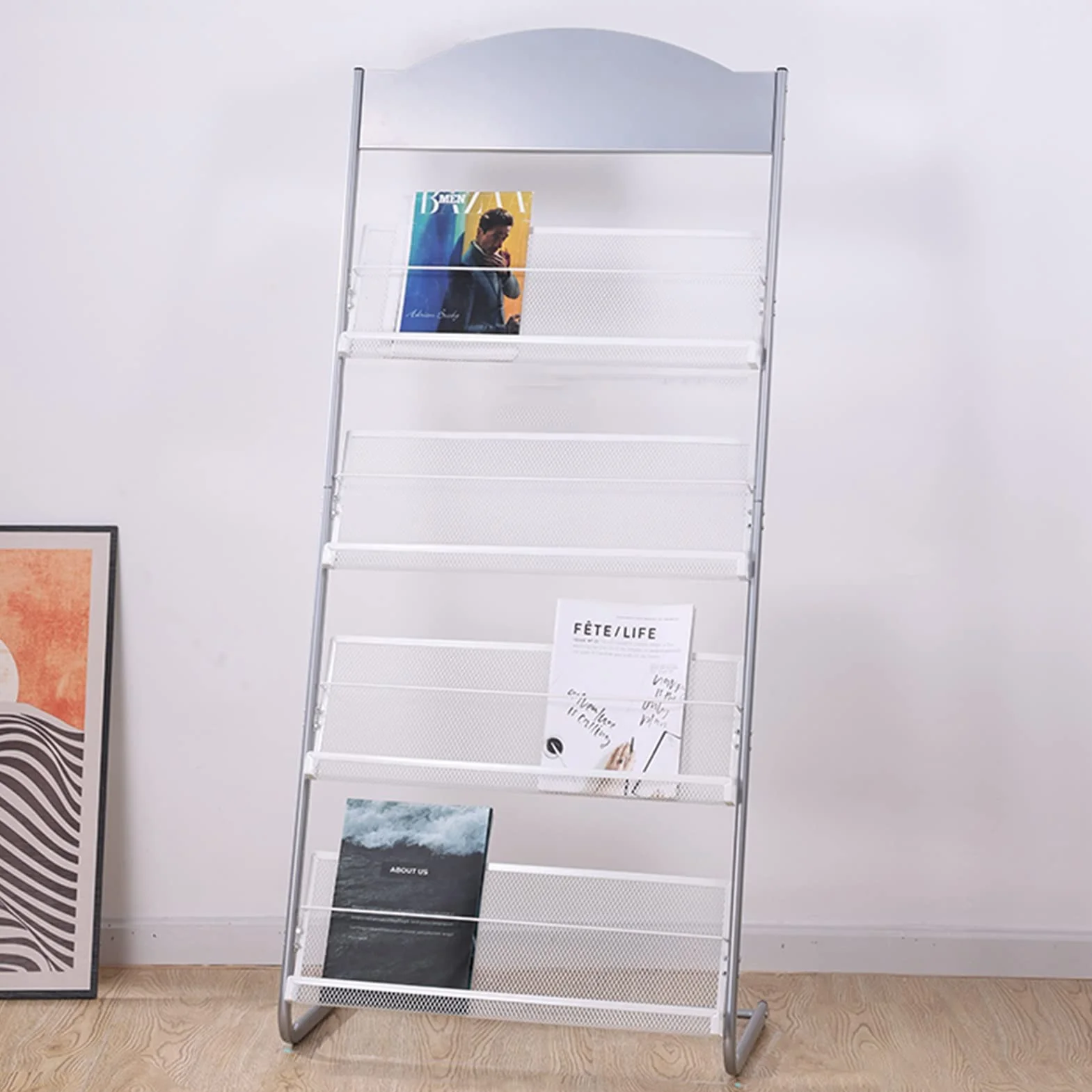 Stojak podłogowy na broszurę, do biura, domu, hotelu, centrum handlowego, podłogowy, stojak na czasopisma z 4 kieszeniami, do salonu, klasy, 143 cm, srebrny