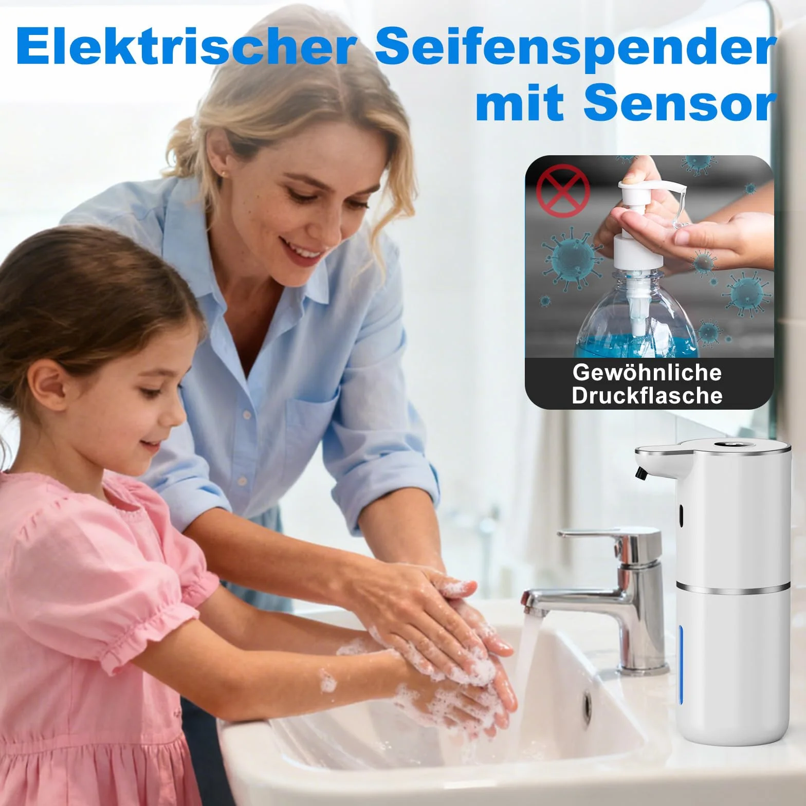 Fantictas Dozownik mydła automatyczny, elektryczny dozownik mydła z wyświetlaczem, ładowany przez USB, 6-stopniowa regulacja, 380 ml, montaż na ścianie, do łazienki/kuchni/płynu do mycia