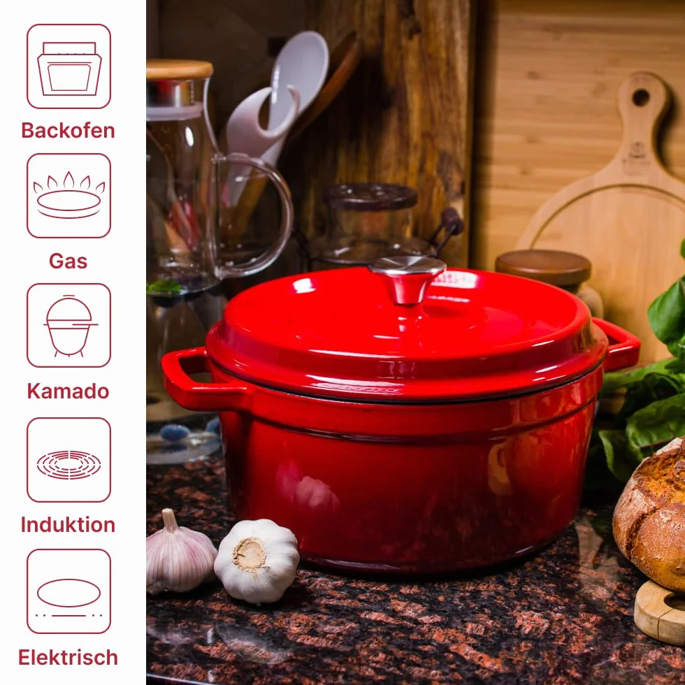 Holenderski garnek żeliwny - Emaliowany garnek żeliwny z pokrywką i szerokimi uchwytami do pieczenia w kuchni, duszenia - pojemność 3.5L, czerwony