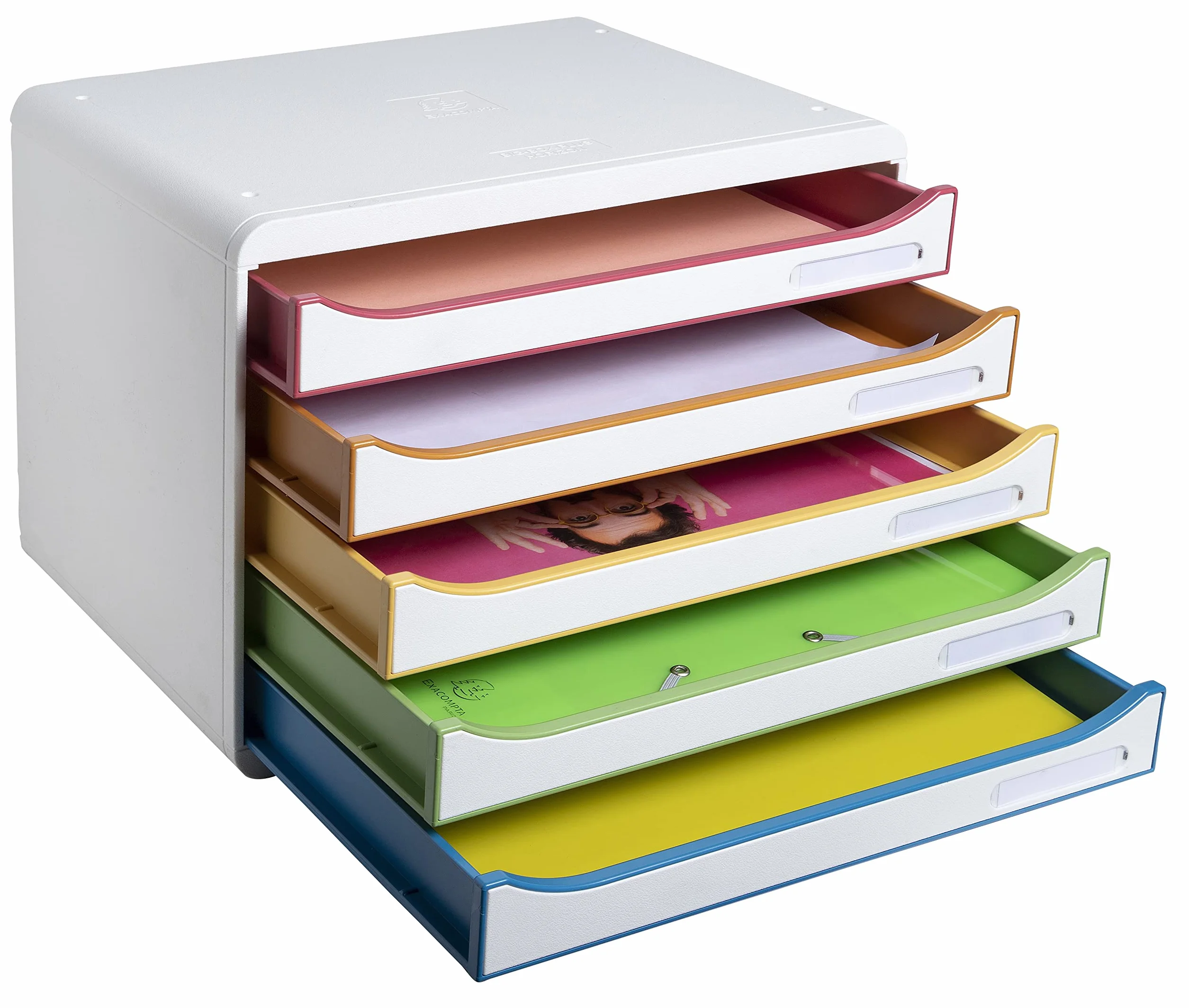 Exacompta 308913D Szafka na dokumenty BIG-BOX PLUS HORIZON, 5 szuflad na dokumenty A4+, wymiary zewnętrzne: 27 x 35,5 x 27,1 cm, 1 sztuka kolor biały/harlekin/biały
