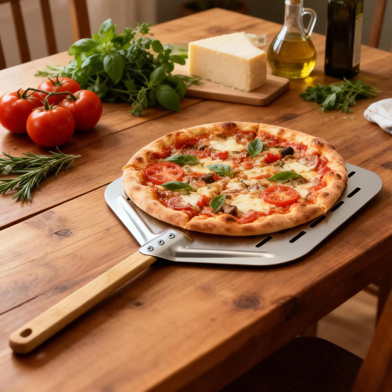 Łopatka do Pizzy, Perforowana Aluminiowa z Wyjmowanym Drewnianym Uchwytem, 40 x 30 cm, Duża Powierzchnia, Profesjonalna do Pizz, Chleba i Pieczenia, 12 Cali