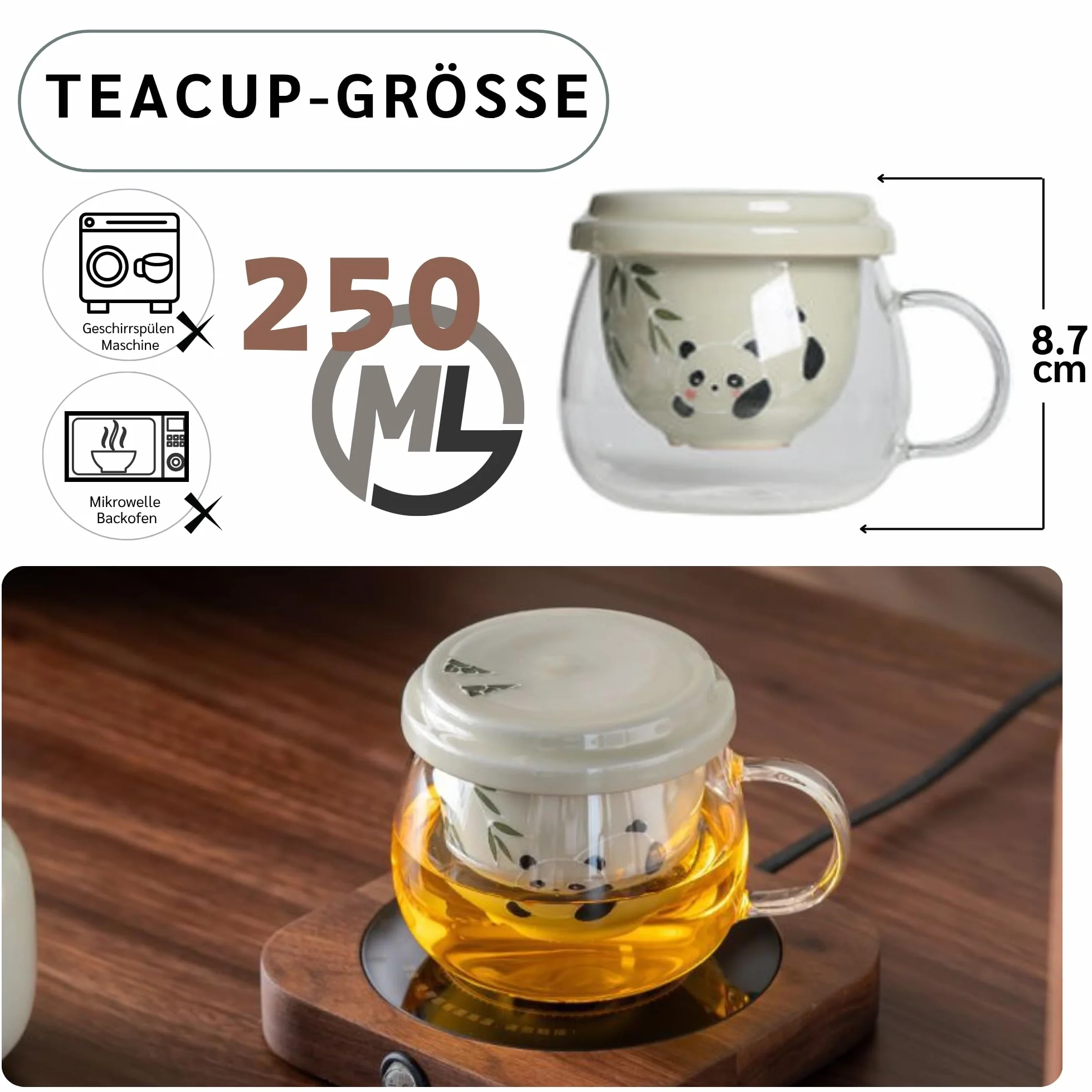 JanYoo Szklana filiżanka do herbaty z pokrywką i sitkiem 250 ml Panda