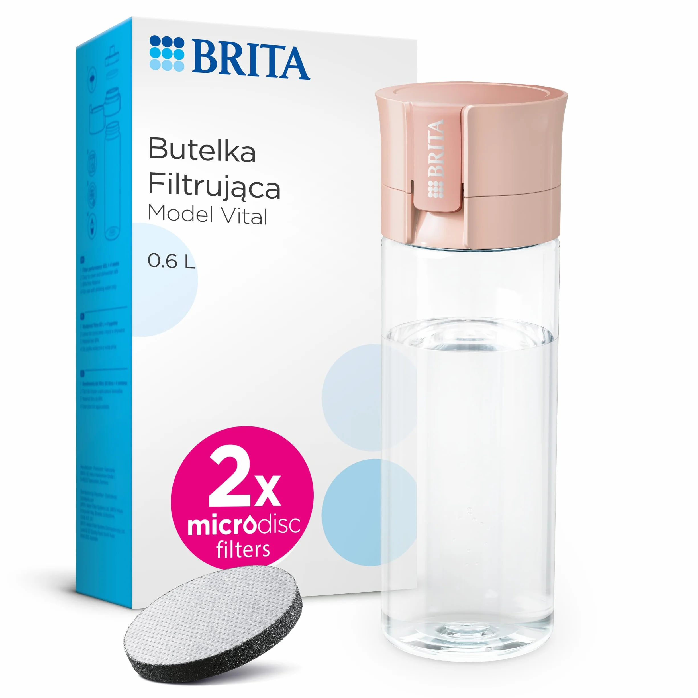 BRITA Butelka filtrująca Vital pastelowa brzoskwinia (0,6l) zawiera 2 filtry MicroDisc - filtruje chlor, zanieczyszczenia, hormony i pestycydy, zachowuje cenne minerały