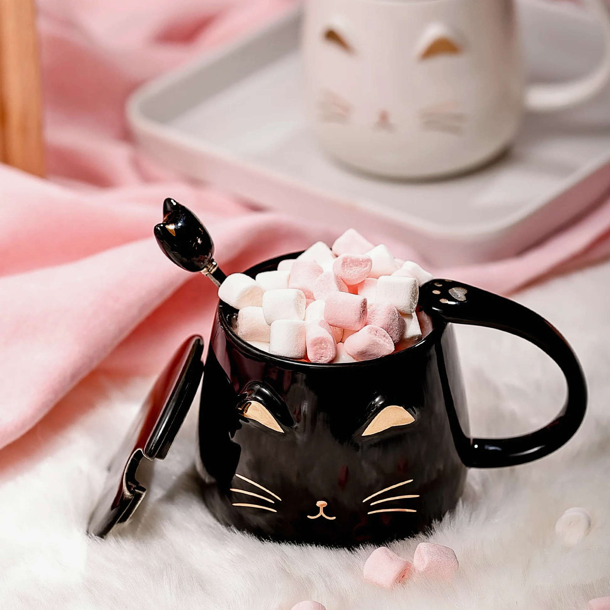 Uroczy kubek z kotem, ceramiczny kubek do kawy z pokrywką Kawaii i uroczą łyżeczką ze stali nierdzewnej, nowatorski poranny kubek do kawy, mleka, herbaty, kubki 3D, dla miłośników kotów