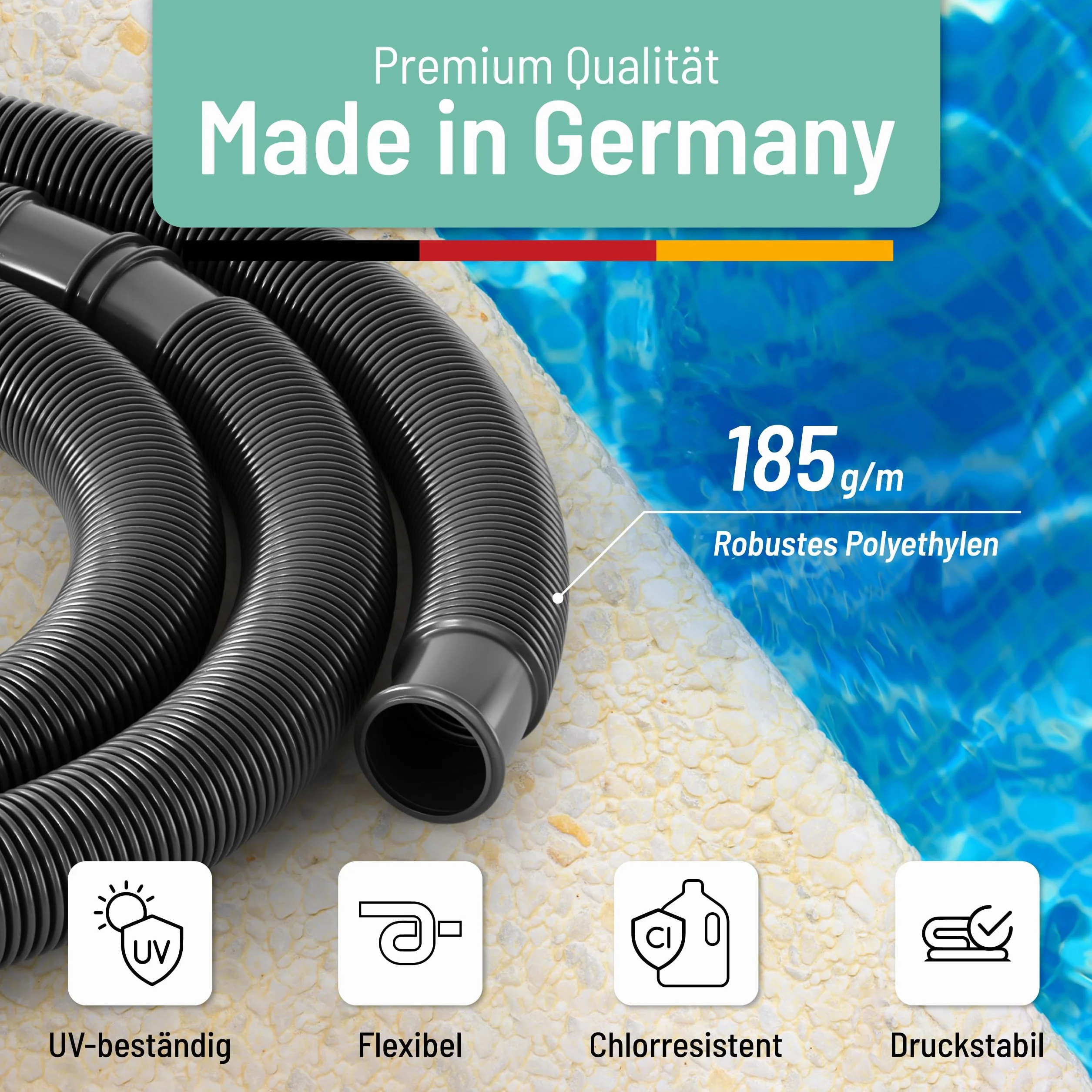 poolomio Wąż basenowy 38 mm / 6 m czarny | elastyczny wąż solarny do pompy basenowej, ogrzewania basenu i maty solarnej | stabilny wąż pompy 1 1/2", odporny na promieniowanie UV, wąż ssący