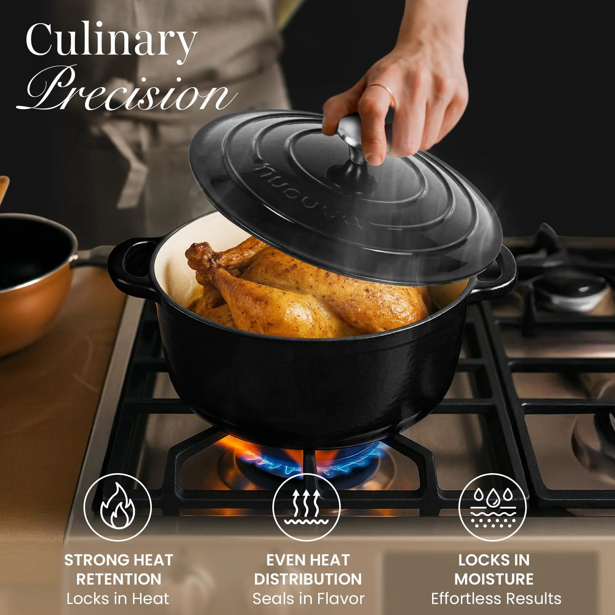 Garnki z Żeliwa z Pokrywką – Emaliowane, Nieprzywierające, Odporny na Piekarnik do 500° F – Solidne Garnki Holenderskie – Czarny, 7.3 Quart, 30cm – od Nuovva