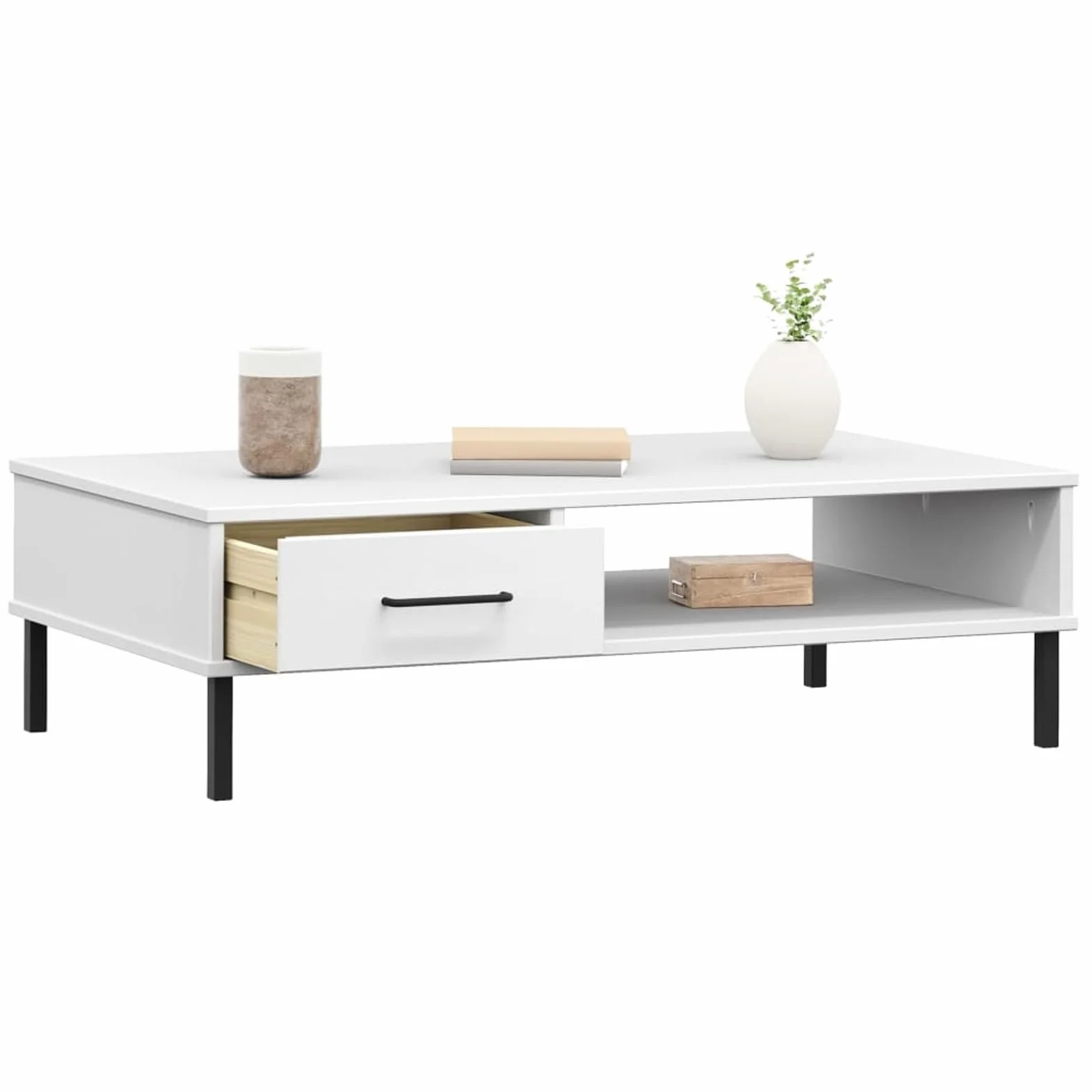 Homgoday Stolik kawowy Metalowe nogi Oslo lite drewno sosna biała, konsola pomocnicza stolik do salonu stolik boczny herbata kawa sofa salon meble meble stoliki kawowe meble