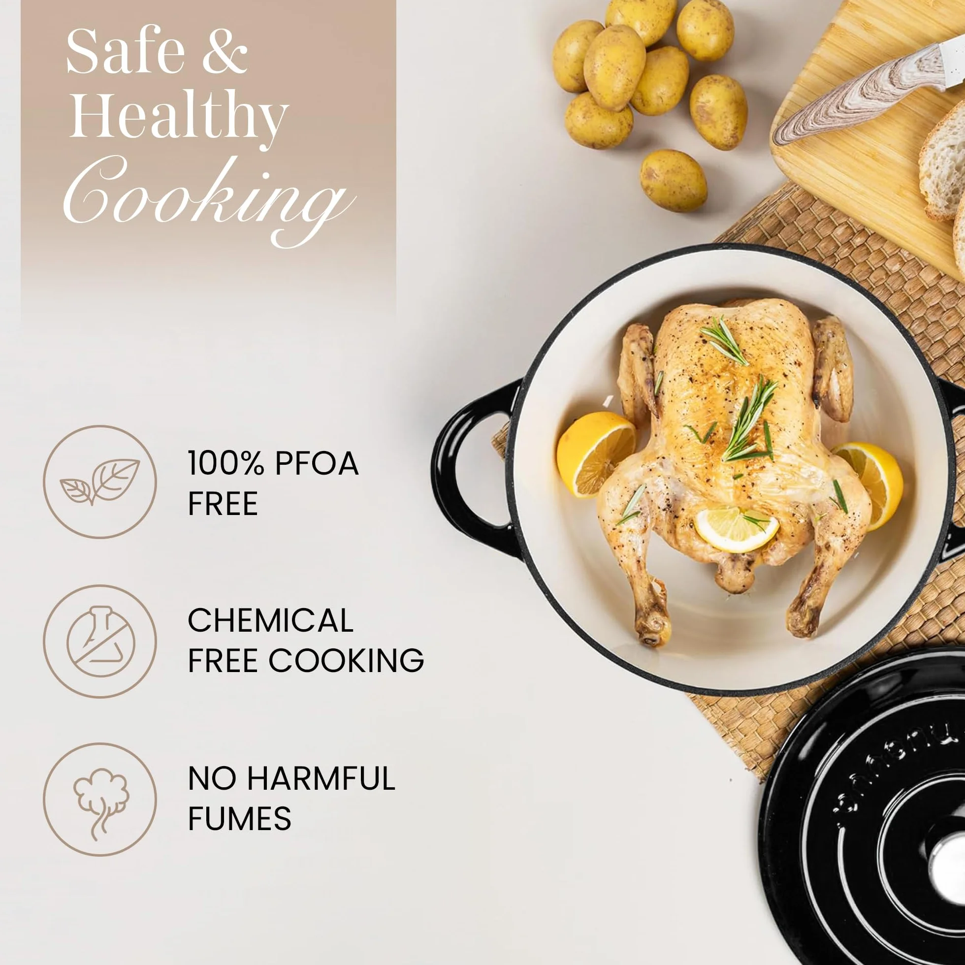 Garnki z Żeliwa z Pokrywką – Emaliowane, Nieprzywierające, Odporny na Piekarnik do 500° F – Solidne Garnki Holenderskie – Czarny, 7.3 Quart, 30cm – od Nuovva