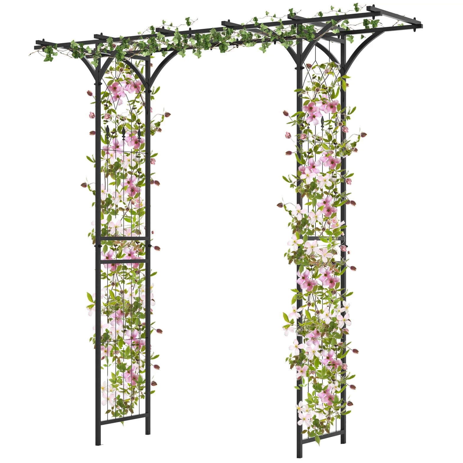 GOPLUS Łuk do róż z metalu, 200 x 52 x 206 cm, łuk ogrodowy z kratkami i rozszerzonym dachem, pergola, pomoc dla roślin pnących, łuk weselny do ogrodu, na wesele i imprezę