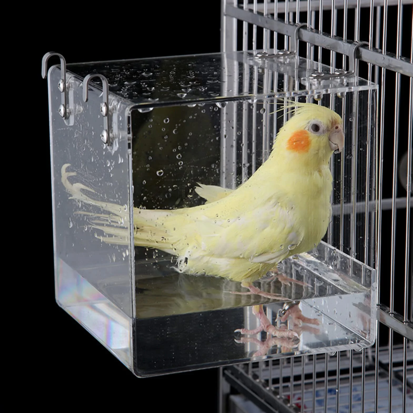 Bird Bathtub Wieszak Ptak Łazienka Kąpiel Przezroczyste Akrylowe Ptak Łaźnia Domu, Akcesoria do klatki dla ptaków z haczykami dla małych ptaków Finch, papużka, Kanarek 12,8 x 11,3 x 13 cm