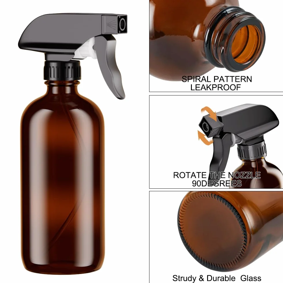 HOTUT Szklana butelka ze sprayem, 500 ml, 2 szt., brązowa, z bursztynowym szkłem, z ustawieniami przepływu mgły, nietłukąca
