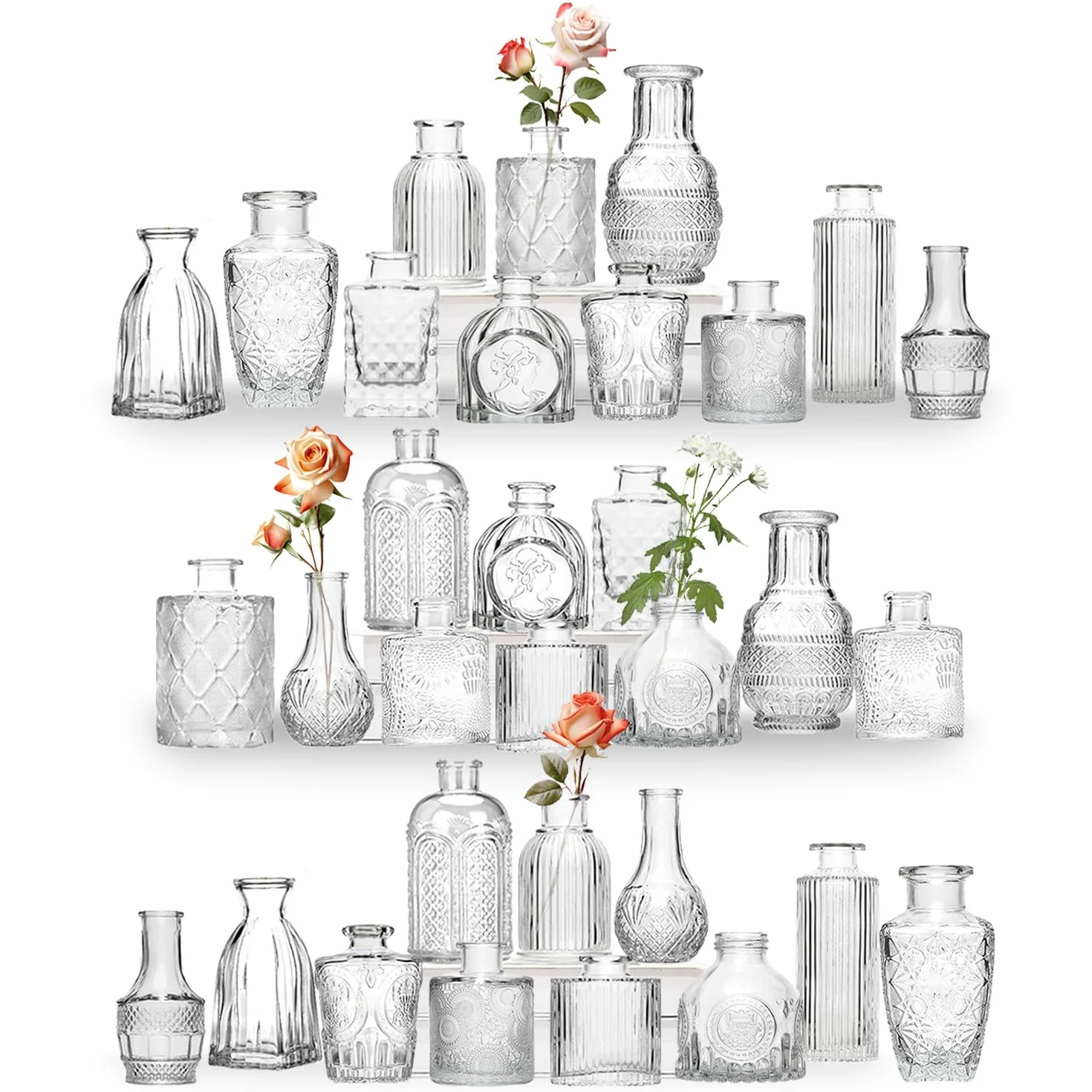 Zestaw 32 mini wazonów z pąkami na stół, przezroczyste wazony w stylu vintage, małe wazony na kwiaty, nadają się do dekoracji stołu, na urodziny, wesele, baby shower (32, przezroczysty)