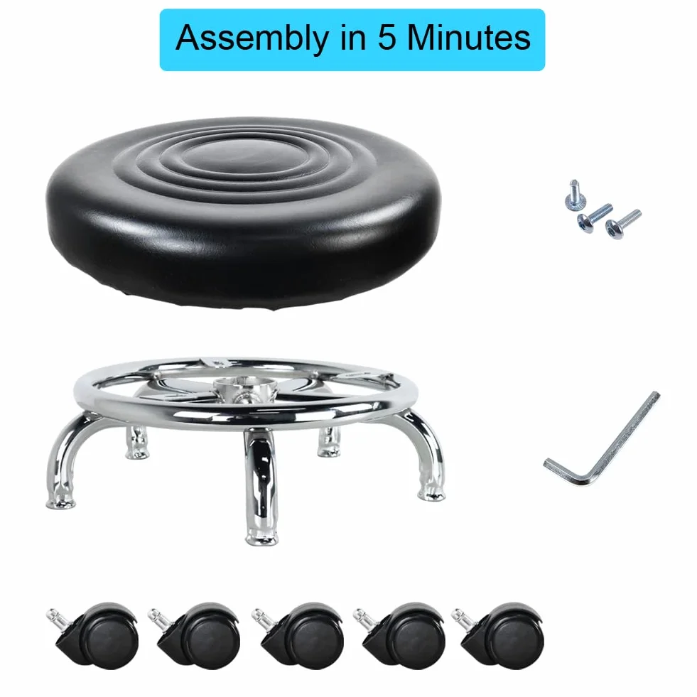WKWKER Nowoczesne siedzisko rolkowe PU Leather Low Round Rolling Stool Skrętny mały stołek z uniwersalnymi kółkami do garażu domowego Sklep Fitness Sport, H: 21.3cm (czarny)