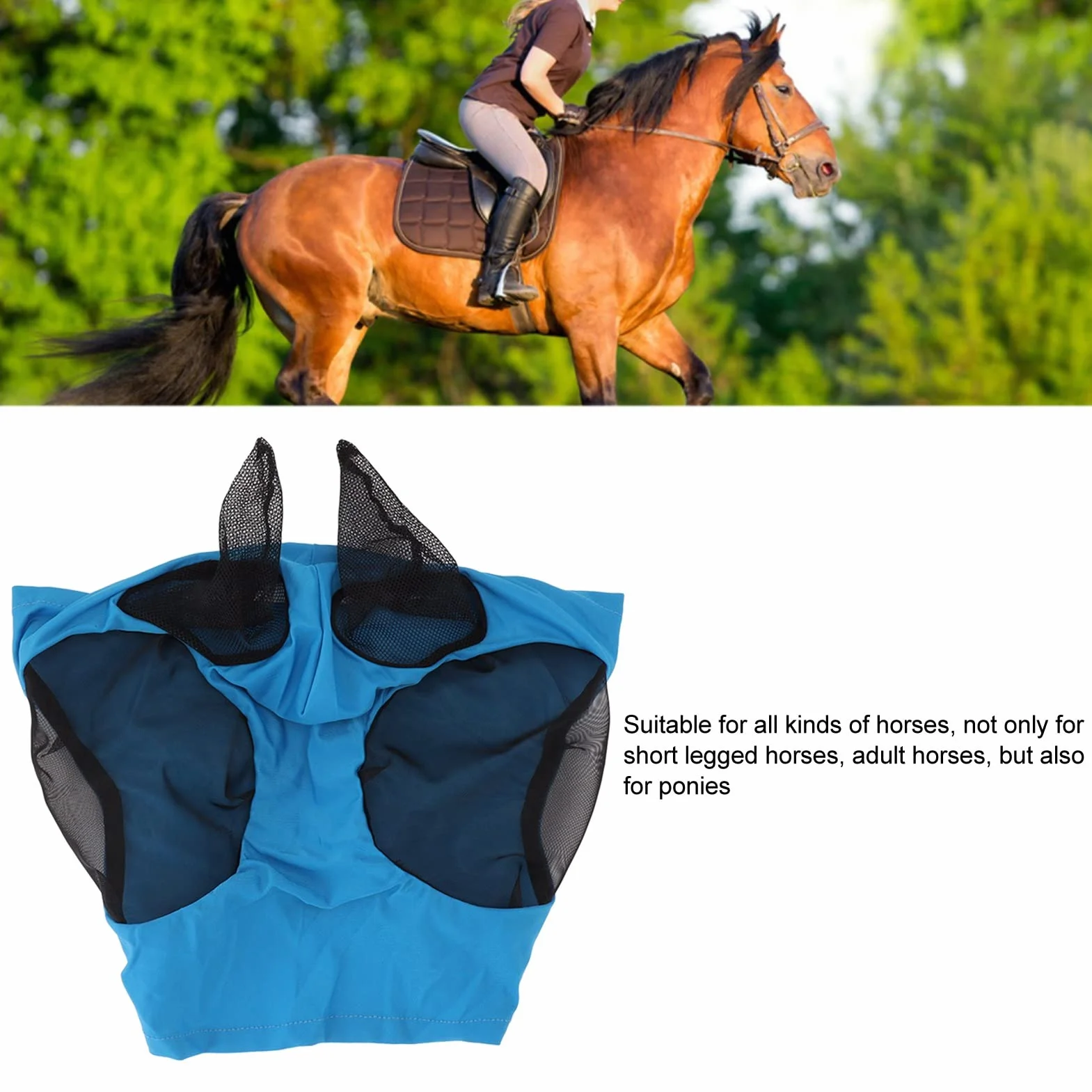 Horse Mesh Fly Mask oddychająca, elastyczna maska na twarz z ochroną uszu, wyposażenie do jazdy konnej (niebieska)